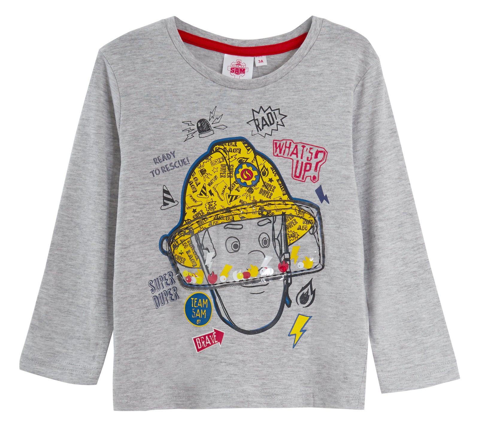 Boys Fireman Sam Long Sleeve T-Shirt 3D Helmet Visor Kids Top Childrens Tee Size