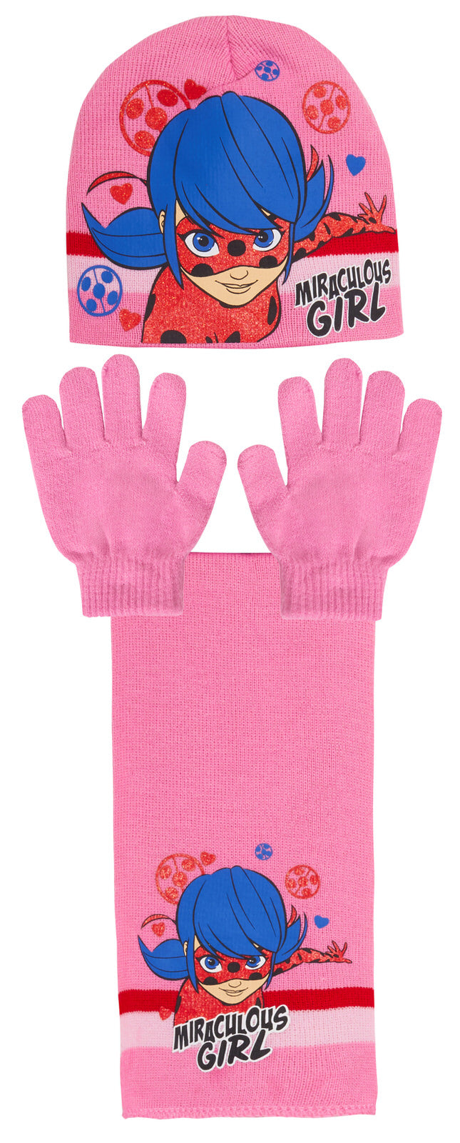 Girls Miraculous Ladybug 3 Piece Winter Set Kids Woolly Hat + Glove + Scarf Set