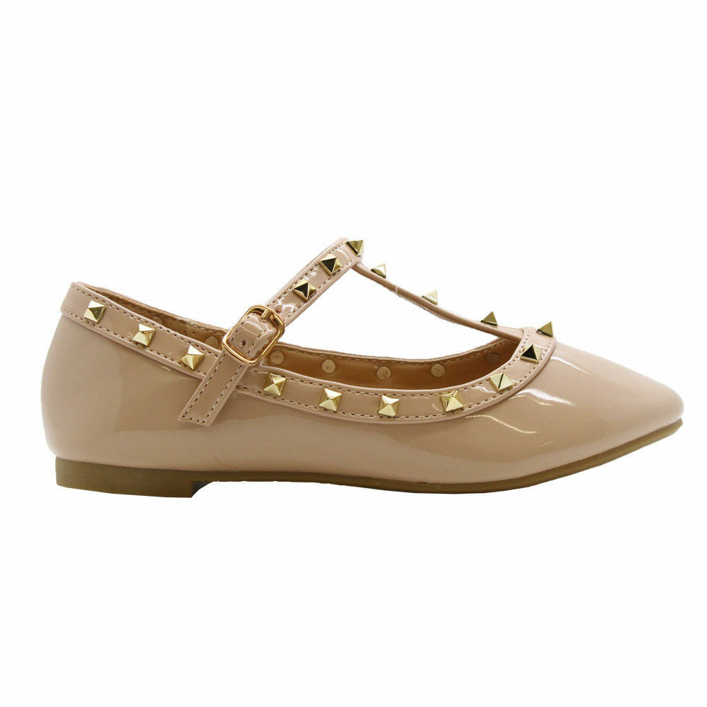 Girls Studded Ballet Pumps Kids Pointed Toe Balerinas T Bar Buckle Party Shoes