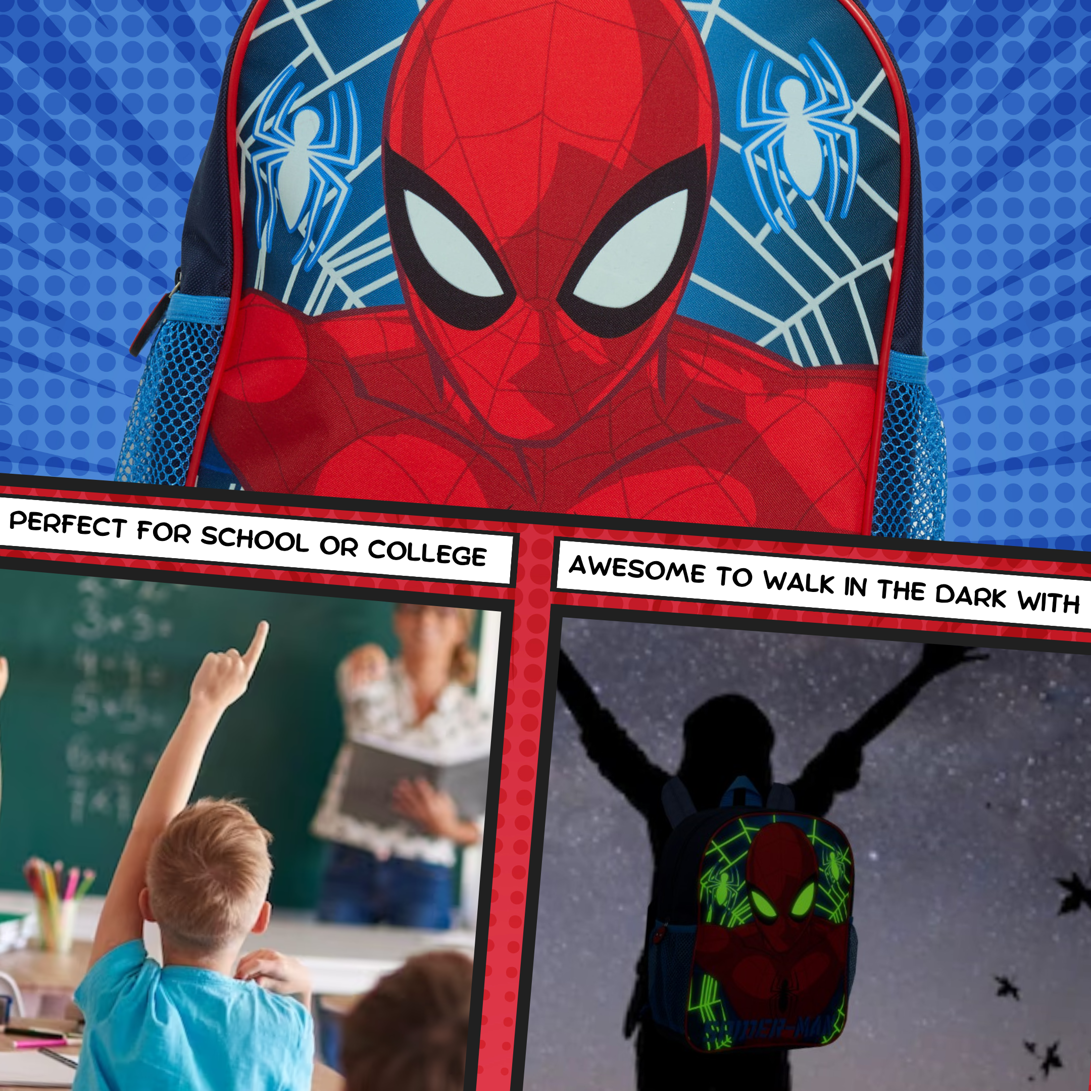 Glow In The Dark Marvel Spiderman Backpack Travel School Rucksack Boys Lunch Bag