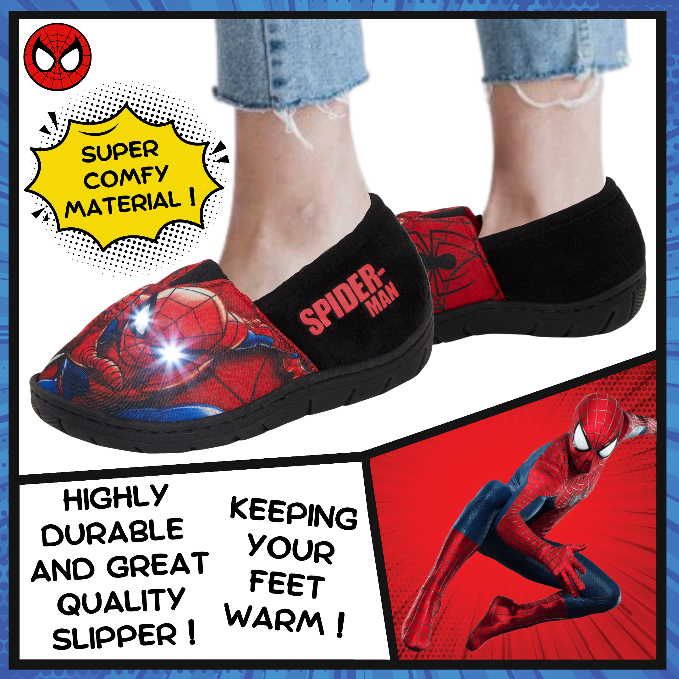 Boys Spiderman Light Up Flashing Slippers Kids Marvel Mule Nursery House Shoes