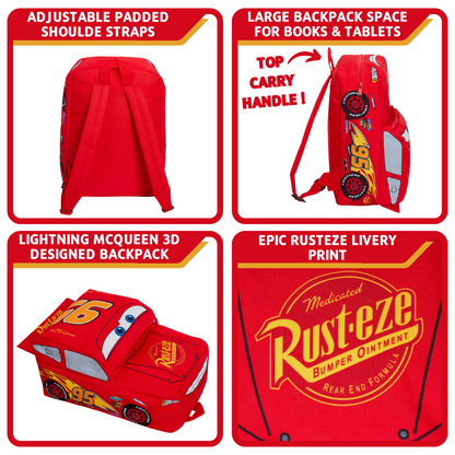 Disney Cars Boys 3D Backpack Kids Lightning McQueen School Lunch Bag Rucksack Red 95