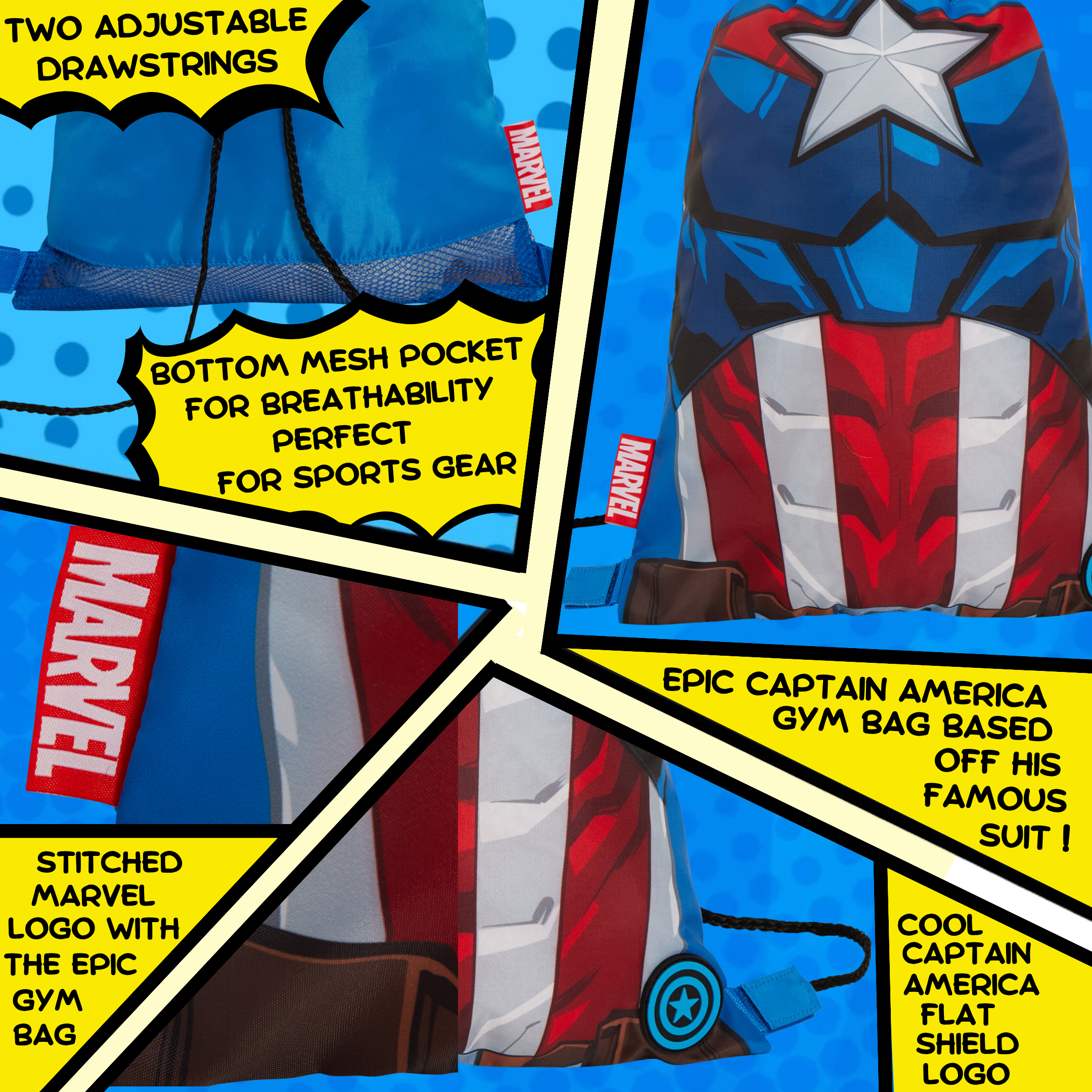 Boys Marvel Captain America Drawstring Gym Bag Avengers Sports Swimming PE Kit