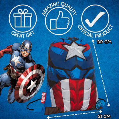Boys Marvel Captain America Drawstring Gym Bag Avengers Sports Swimming PE Kit