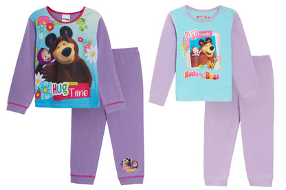 Girls Masha And The Bear Pyjamas Kids Character Full Length Pjs Set Nightwear