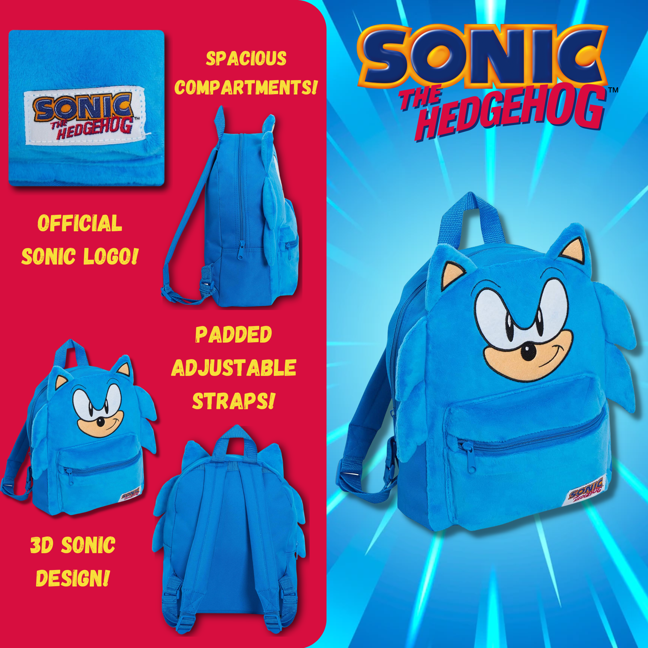 Sonic The Hedgehog 3D Plush Backpack Kids Sega School Book Lunch Swim Travel Bag