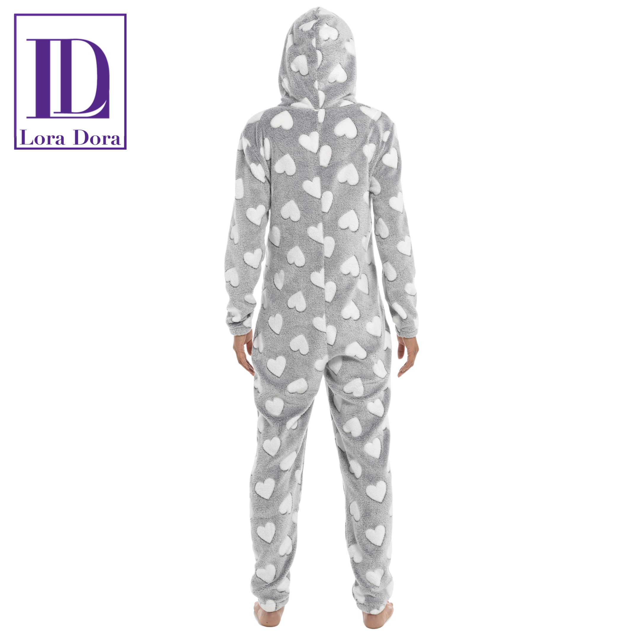 Womens Luxury Heart Print All In One Novelty Fleece Hooded Ladies Pjs 1Onesie
