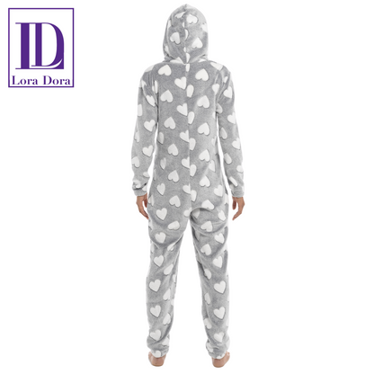Womens Luxury Heart Print All In One Novelty Fleece Hooded Ladies Pjs 1Onesie
