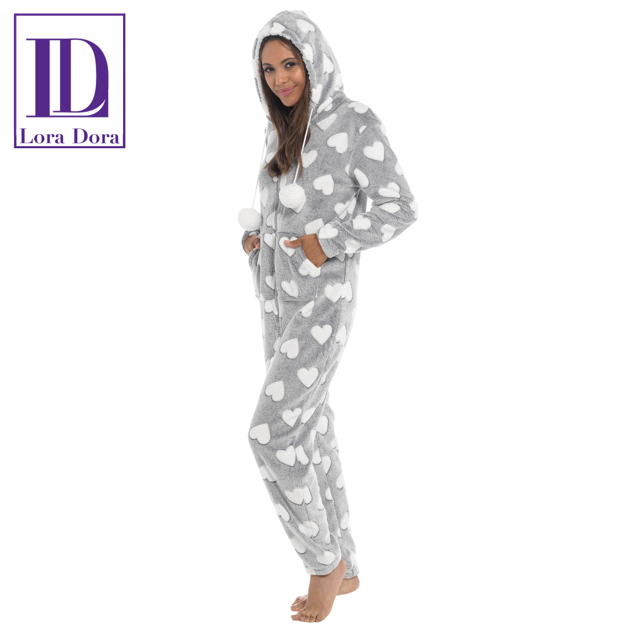 Womens Luxury Heart Print All In One Novelty Fleece Hooded Ladies Pjs 1Onesie