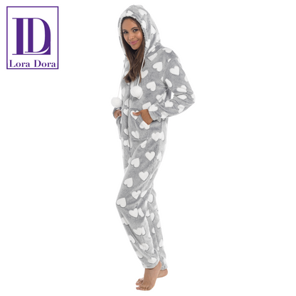 Womens Luxury Heart Print All In One Novelty Fleece Hooded Ladies Pjs 1Onesie