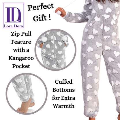 Womens Luxury Heart Print All In One Novelty Fleece Hooded Ladies Pjs 1Onesie