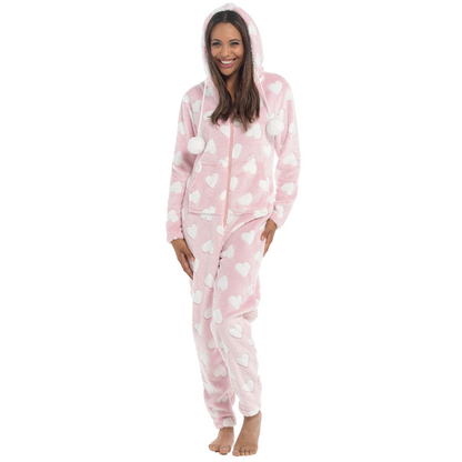 Womens Luxury Heart Print All In One Novelty Fleece Hooded Ladies Pjs 1Onesie
