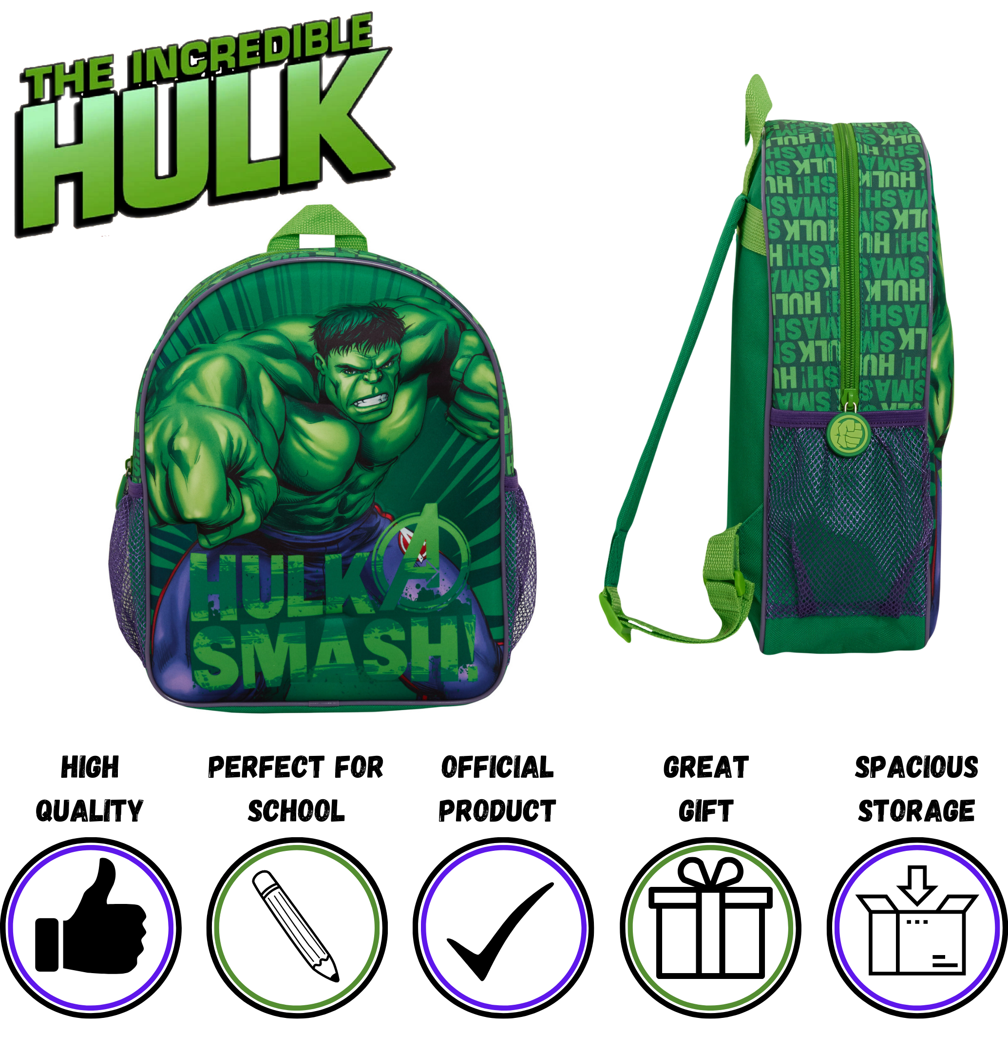 Boys 3D Incredible Hulk Backpack Kids Marvel Avengers School Travel Rucksack Bag