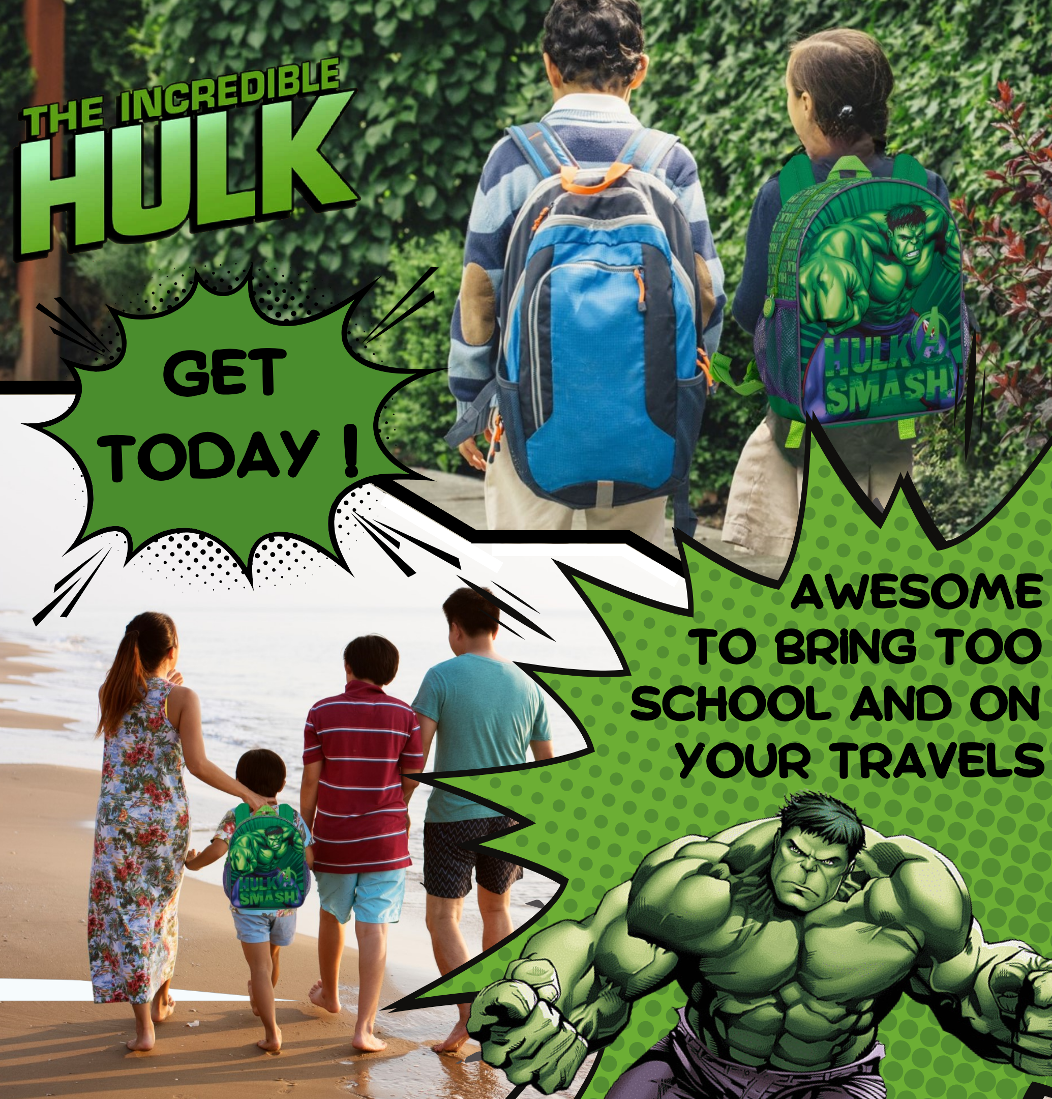 Boys 3D Incredible Hulk Backpack Kids Marvel Avengers School Travel Rucksack Bag