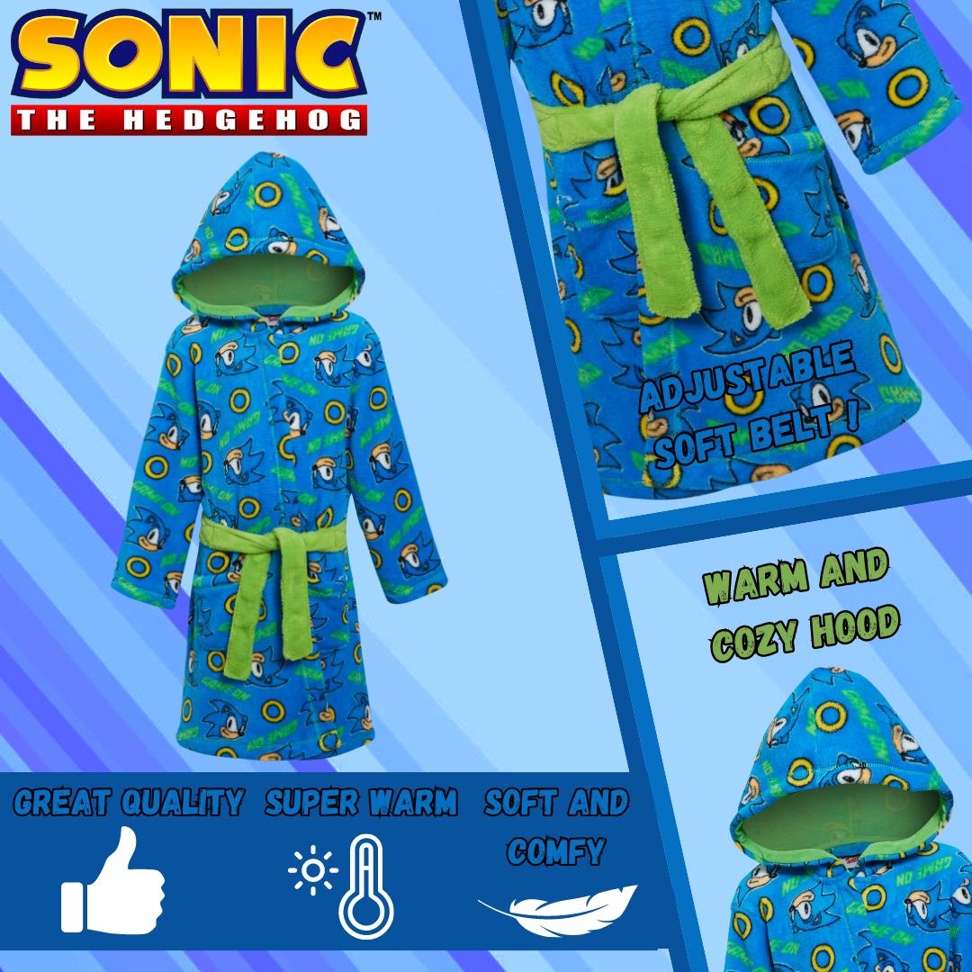 Boys Sonic The Hedgehog Dressing Gown Kids Sega Fleece Hooded Bathrobe Housecoat