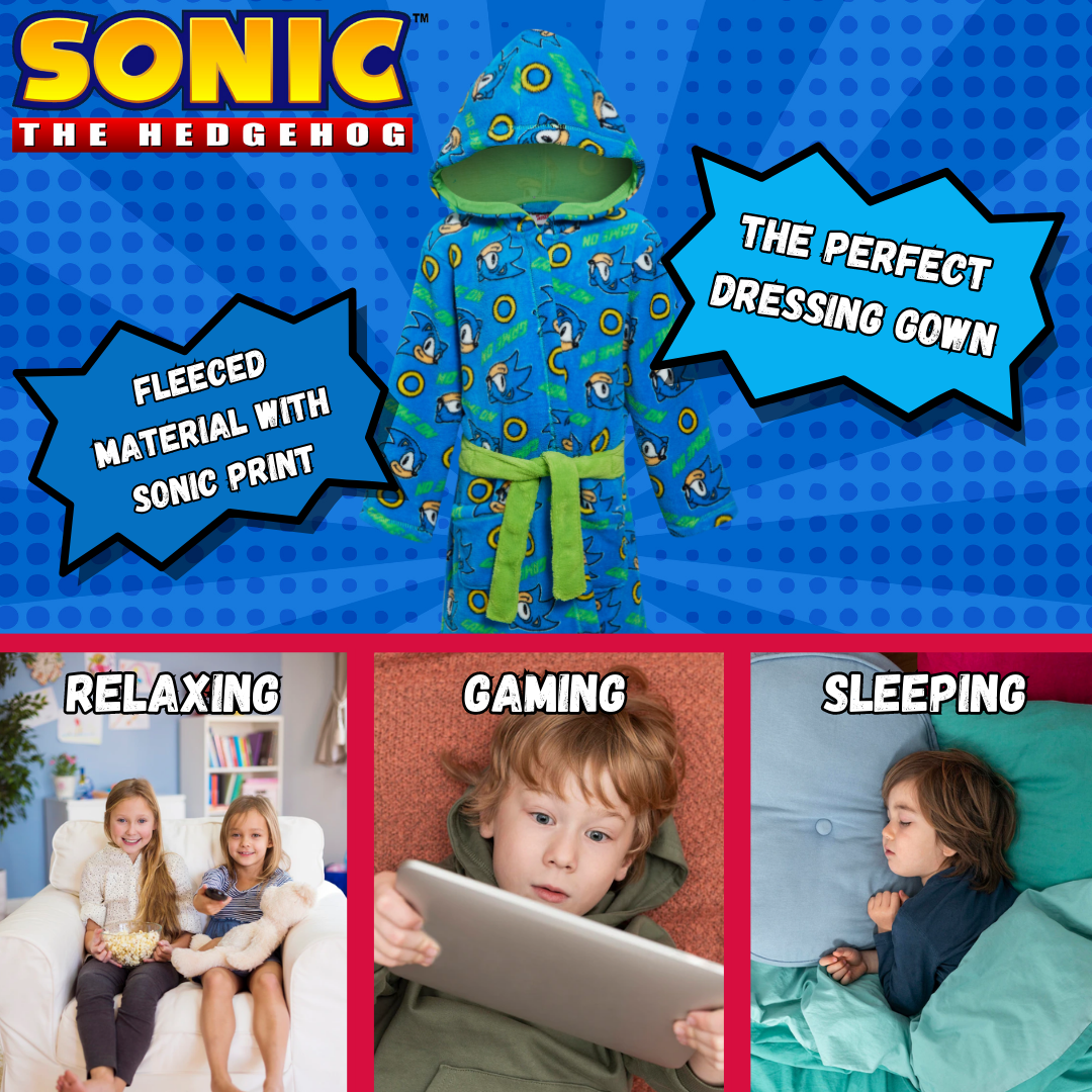 Boys Sonic The Hedgehog Dressing Gown Kids Sega Fleece Hooded Bathrobe Housecoat