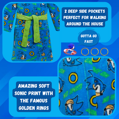 Boys Sonic The Hedgehog Dressing Gown Kids Sega Fleece Hooded Bathrobe Housecoat