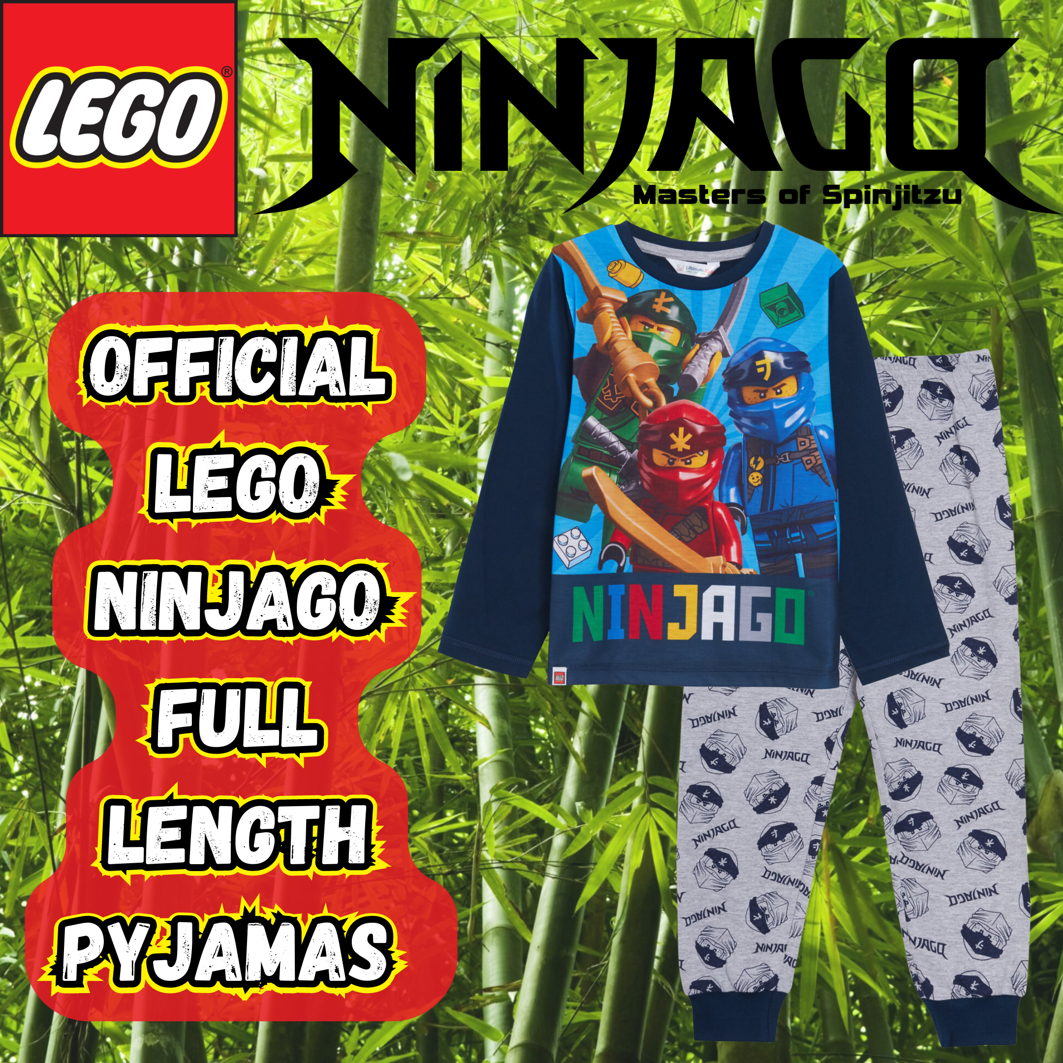 Boys Lego Ninjago Pyjamas For Kids Full Length Pjs Set T-Shirt + Loungepants Set
