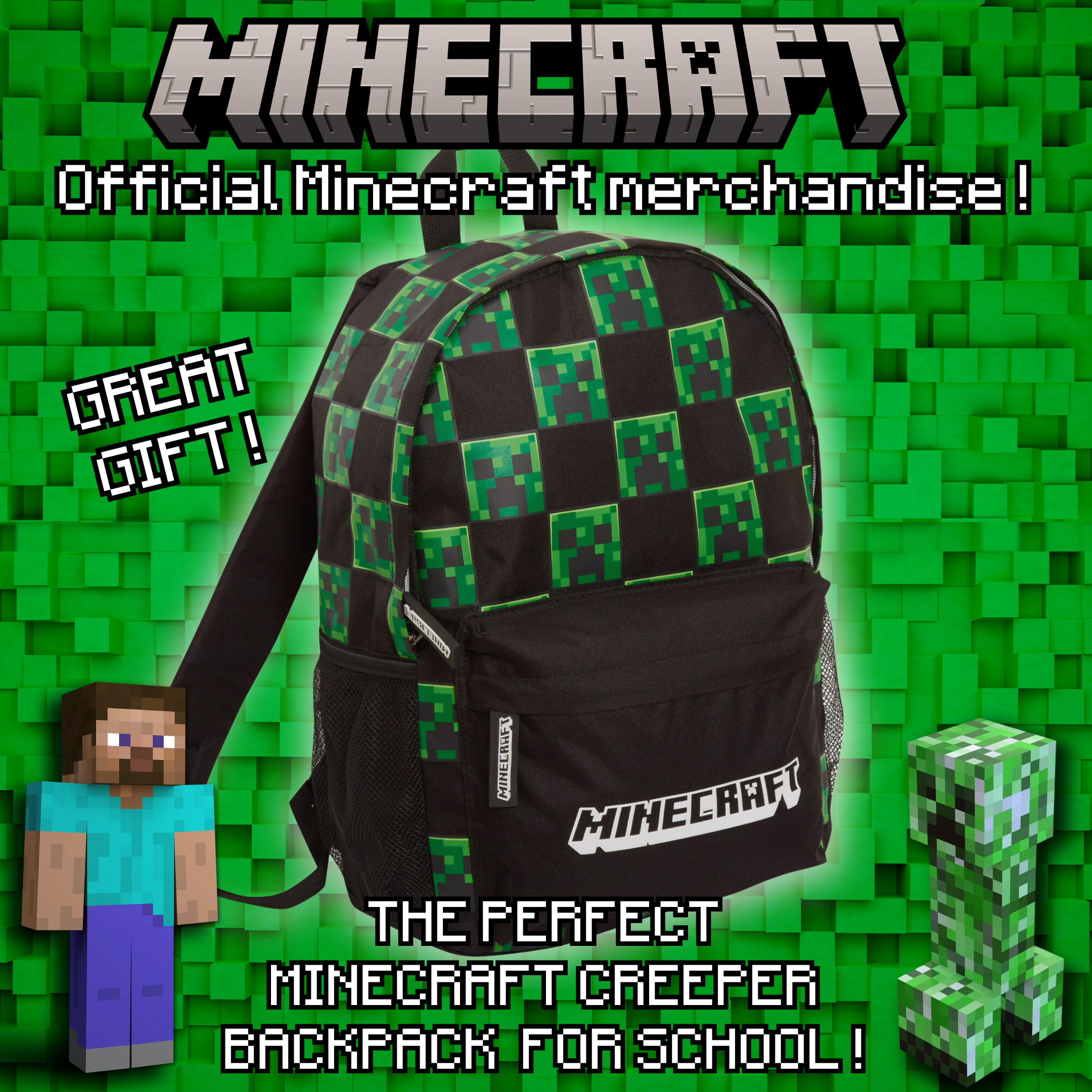 Minecraft Backpack Adults Kids Creeper Gamer School Bag Laptop Gaming Rucksack