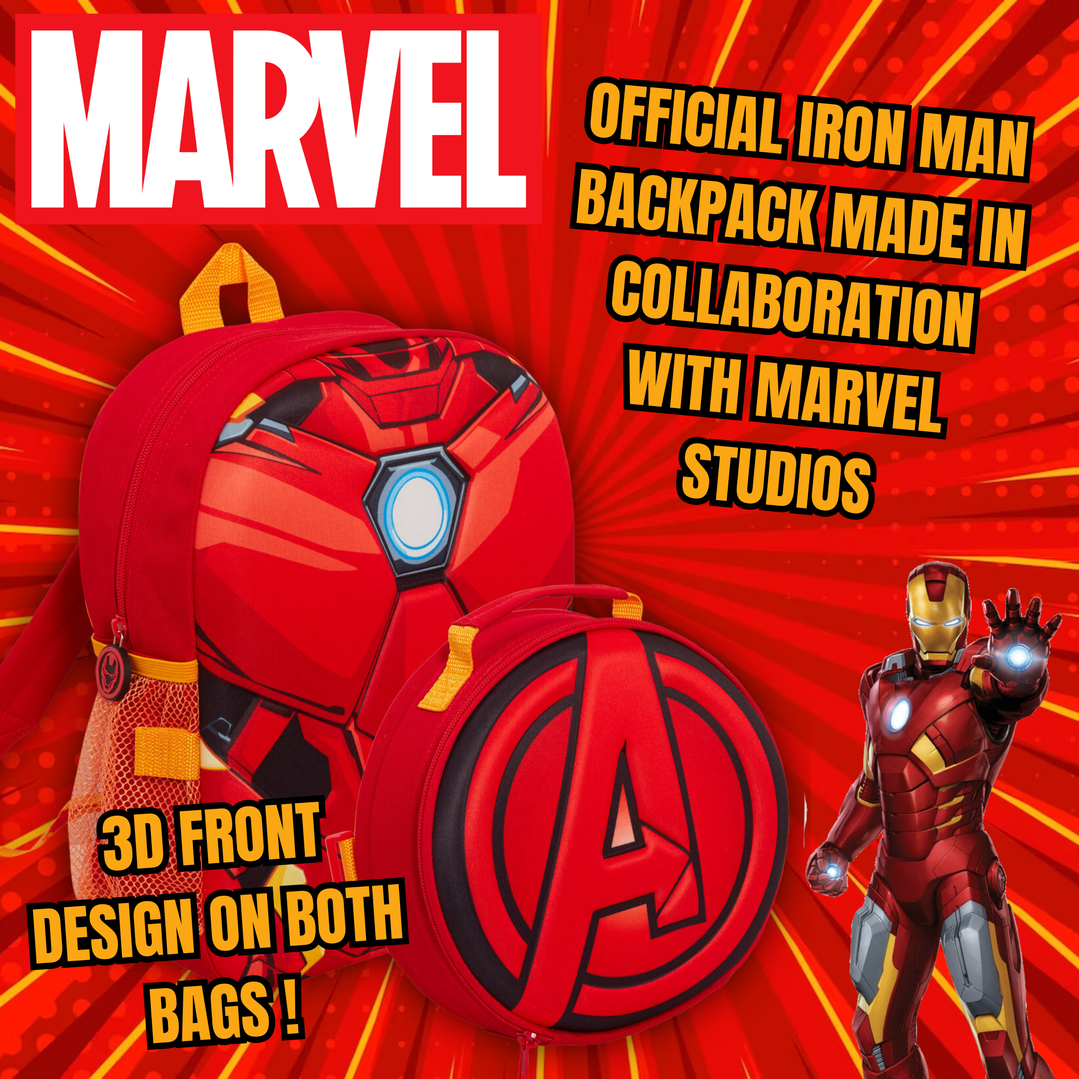 Boys Marvel Iron Man Backpack + Lunch Bag Water Bottle Holder Matching 2 Pc Set