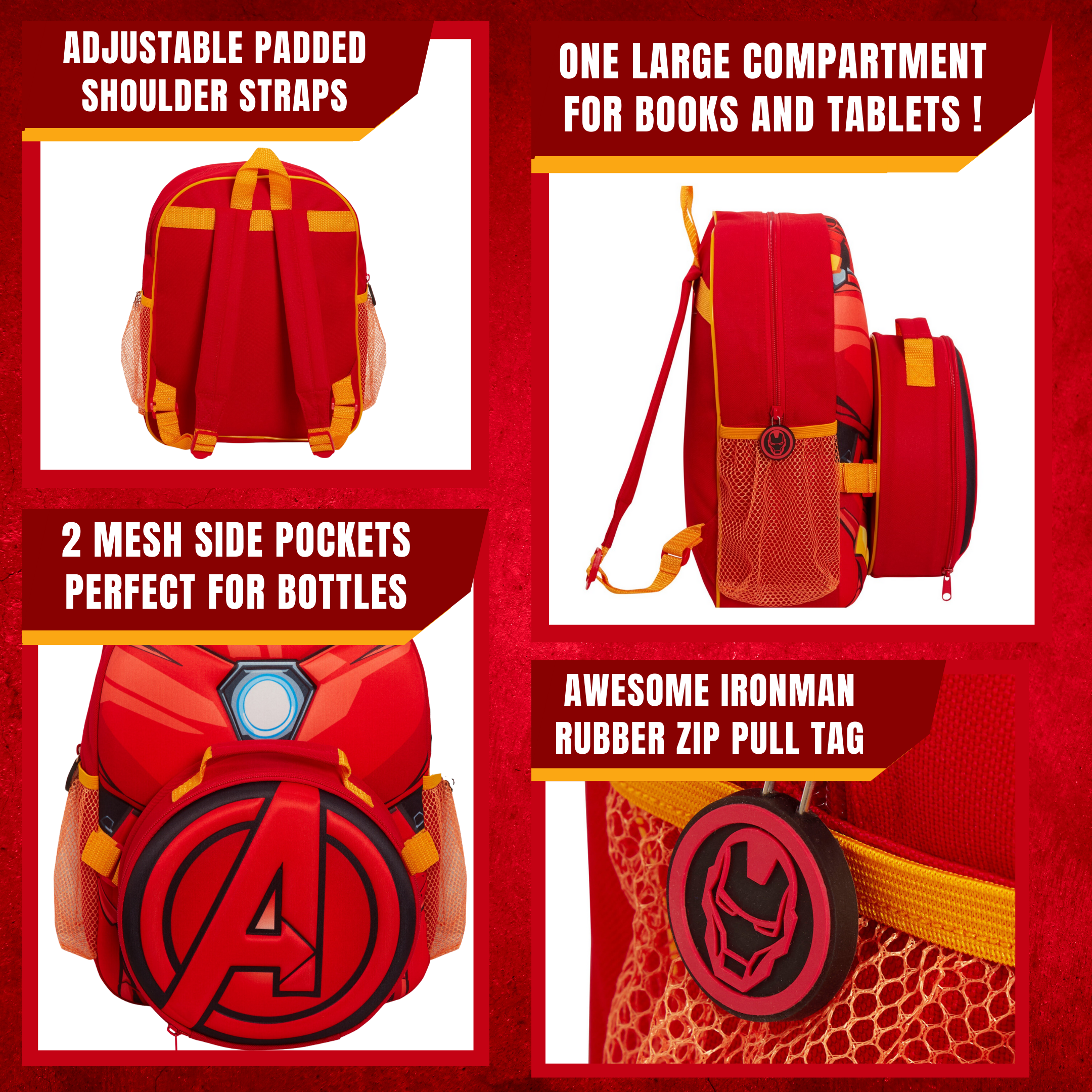 Boys Marvel Iron Man Backpack + Lunch Bag Water Bottle Holder Matching 2 Pc Set
