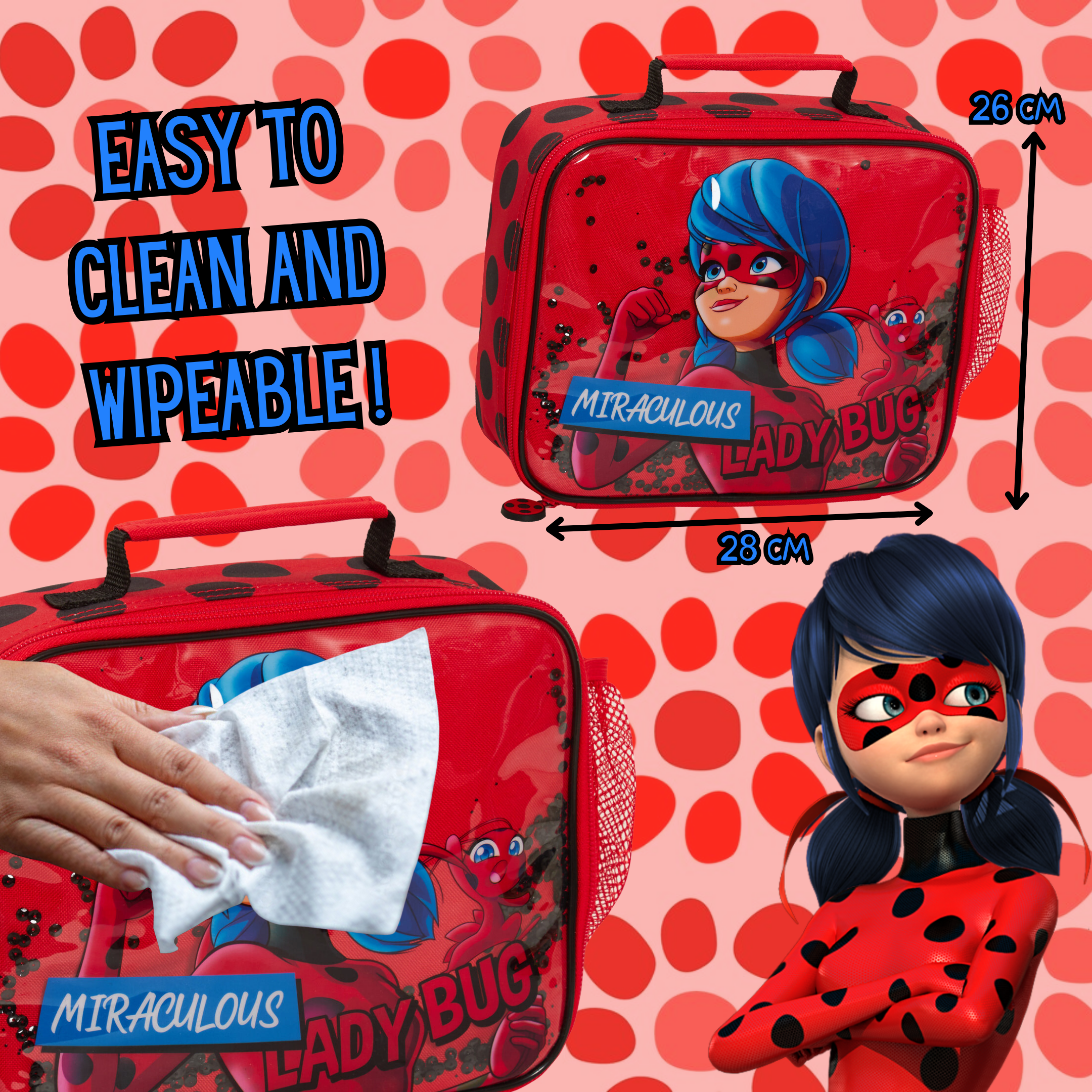 Miraculous Lunch Bag Girls Red Ladybug Sequins School Cooler Lunch Box for Kids