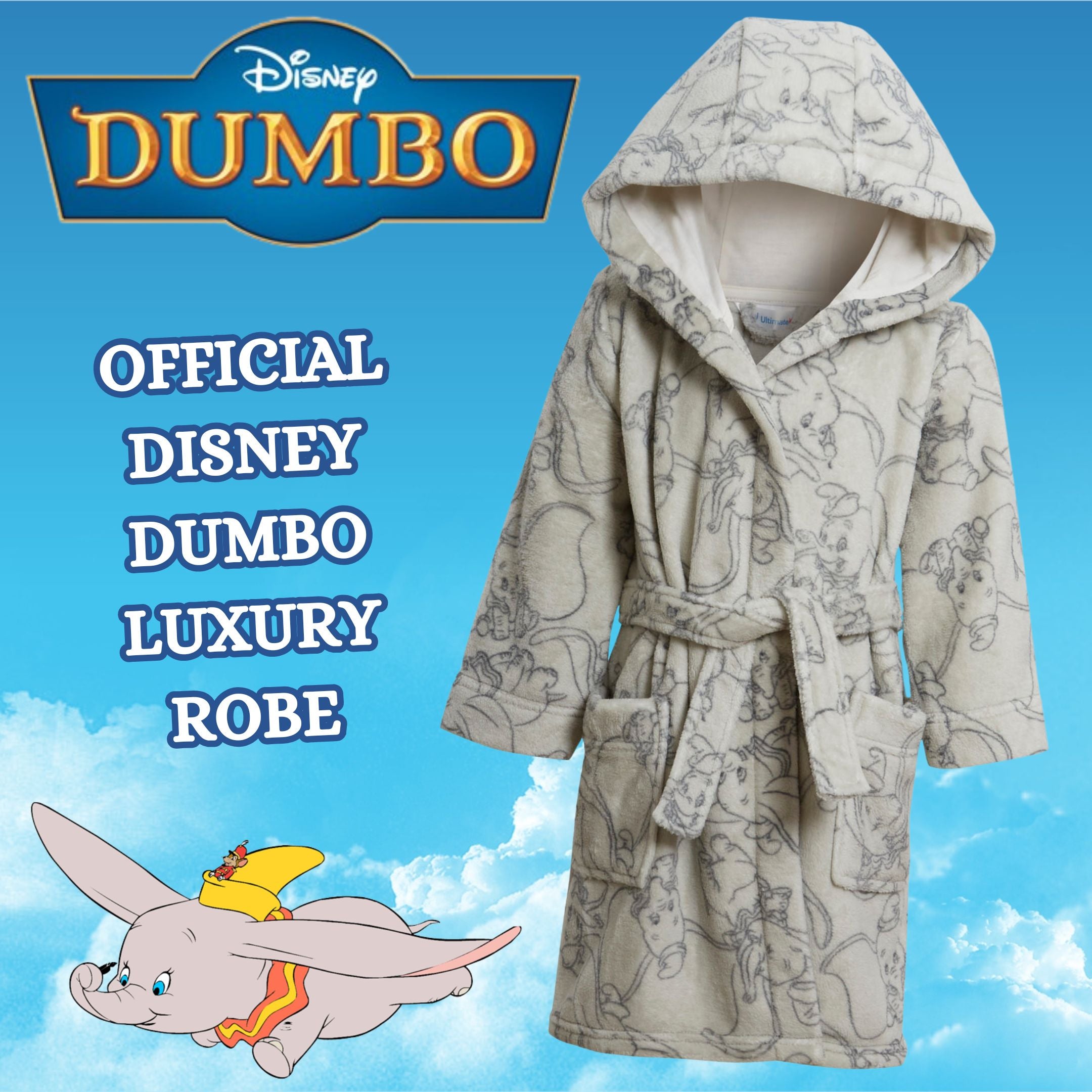 Disney Dumbo Baby Boys Baby Girls Dressing Gown Unisex Grey Elephant Bath Robe