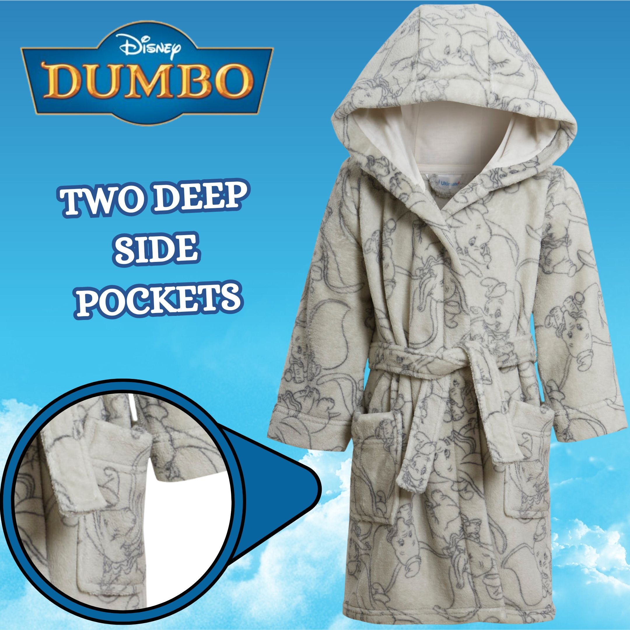 Disney Dumbo Baby Boys Baby Girls Dressing Gown Unisex Grey Elephant Bath Robe