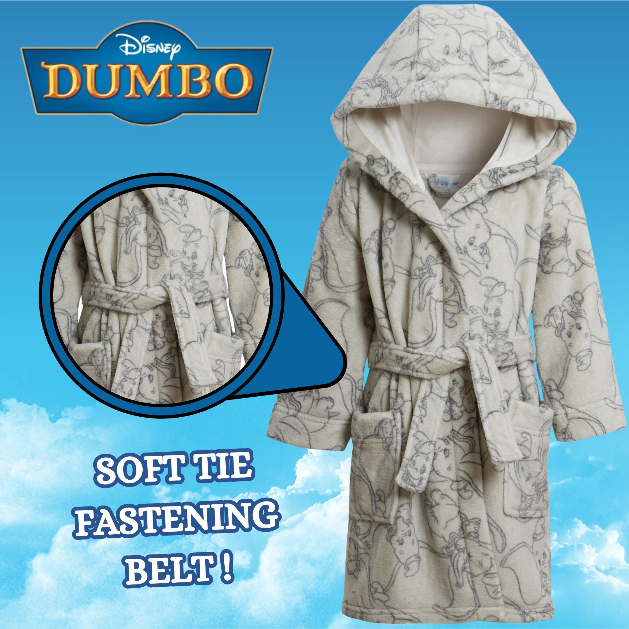 Disney Dumbo Baby Boys Baby Girls Dressing Gown Unisex Grey Elephant Bath Robe