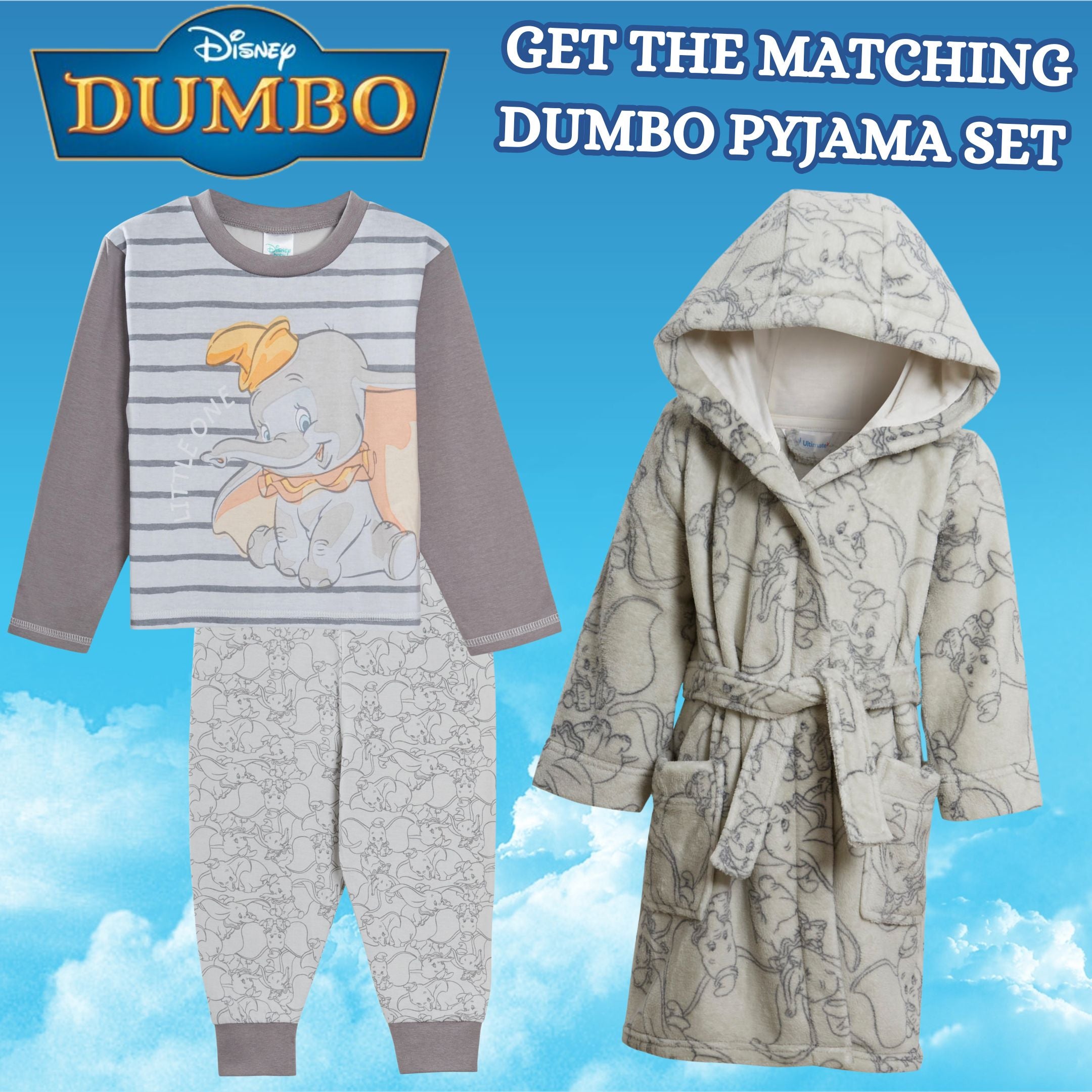 Disney Dumbo Baby Boys Baby Girls Dressing Gown Unisex Grey Elephant Bath Robe