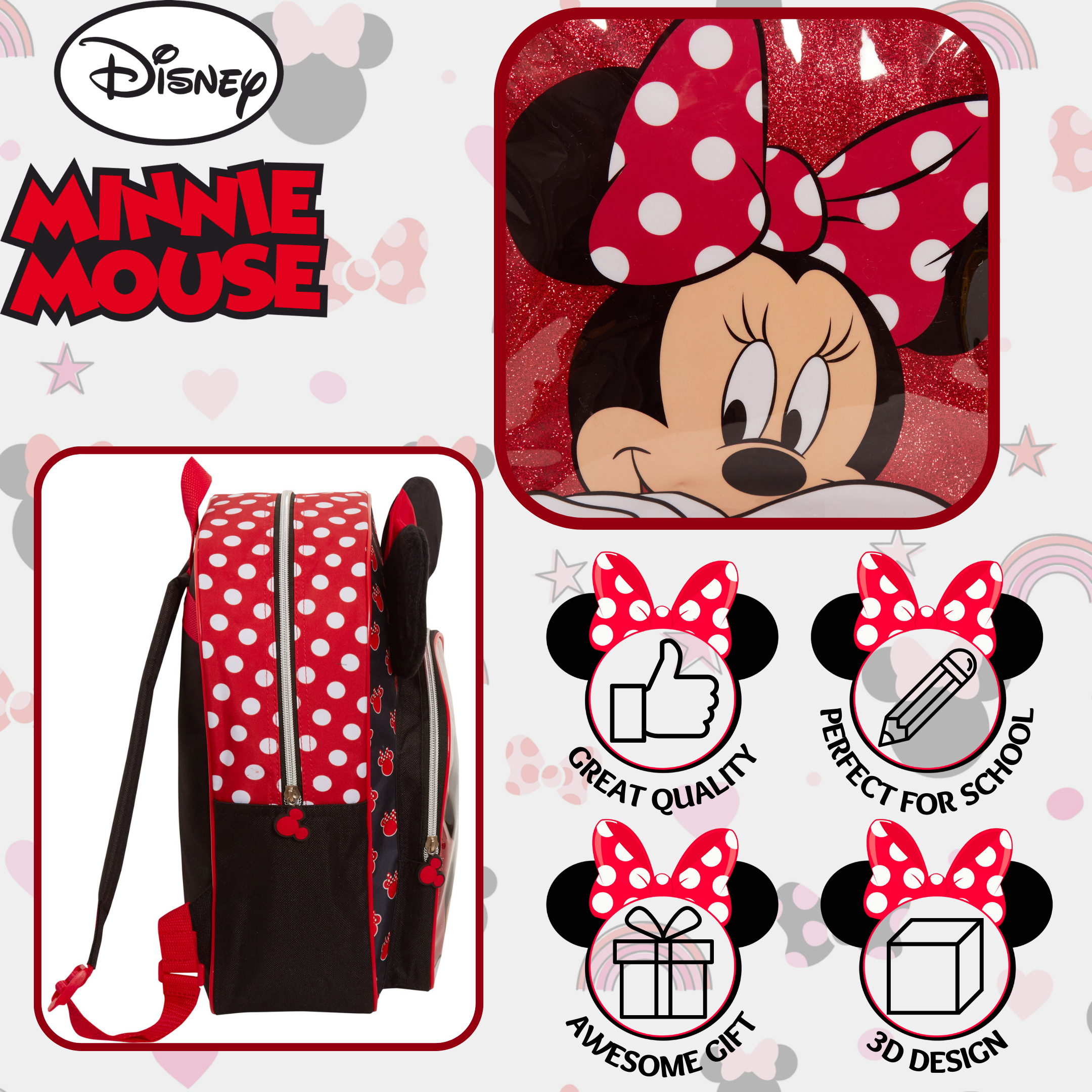 Minnie Mouse Girls Backpack Kids Disney School Nursery Rucksack Lunch Book Bag