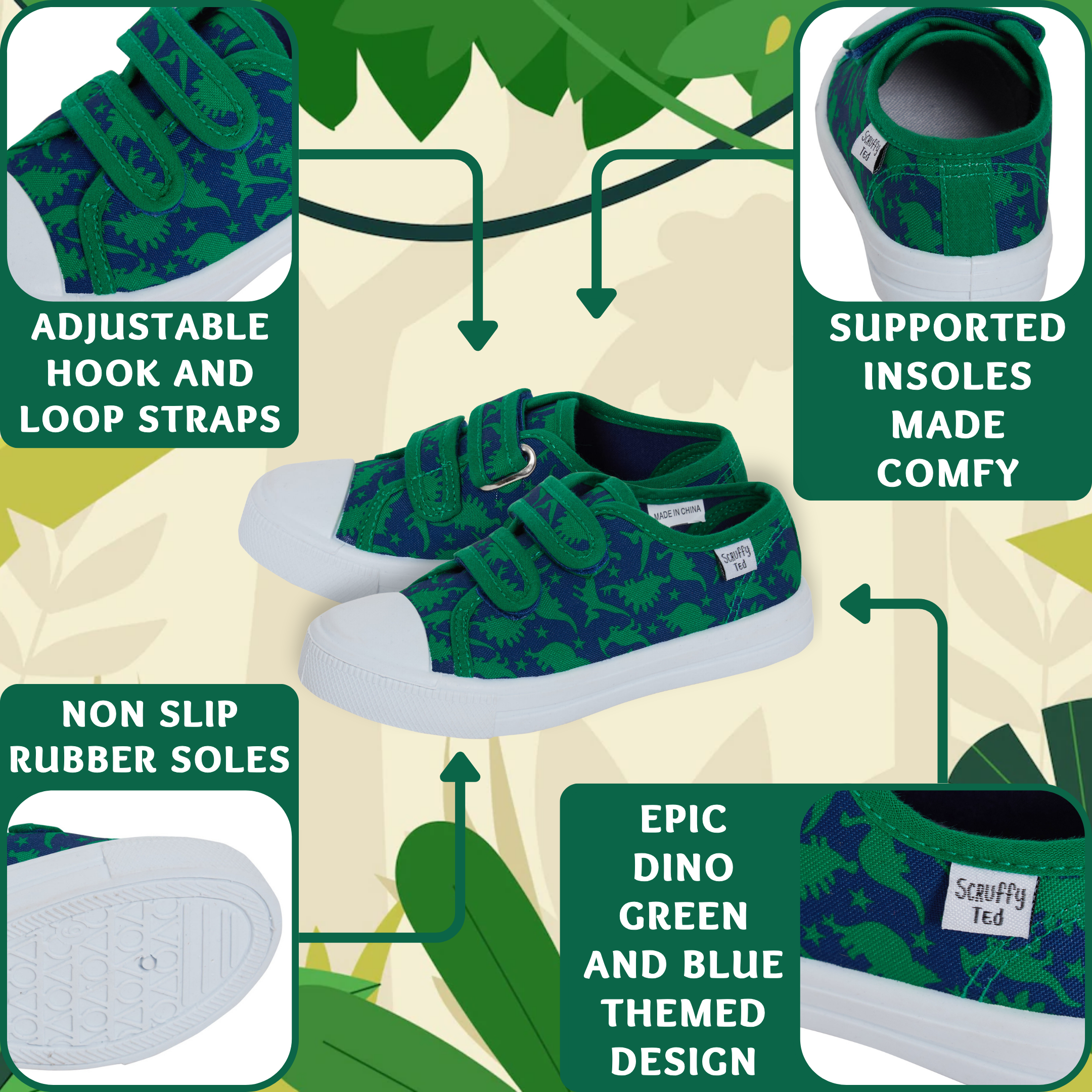 Boys Dinosaur Canvas Shoes Kids Dino Plimsolls Trainers Easy Fasten Casual Pumps