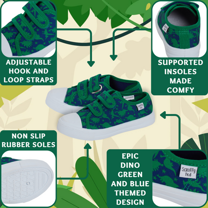 Boys Dinosaur Canvas Shoes Kids Dino Plimsolls Trainers Easy Fasten Casual Pumps
