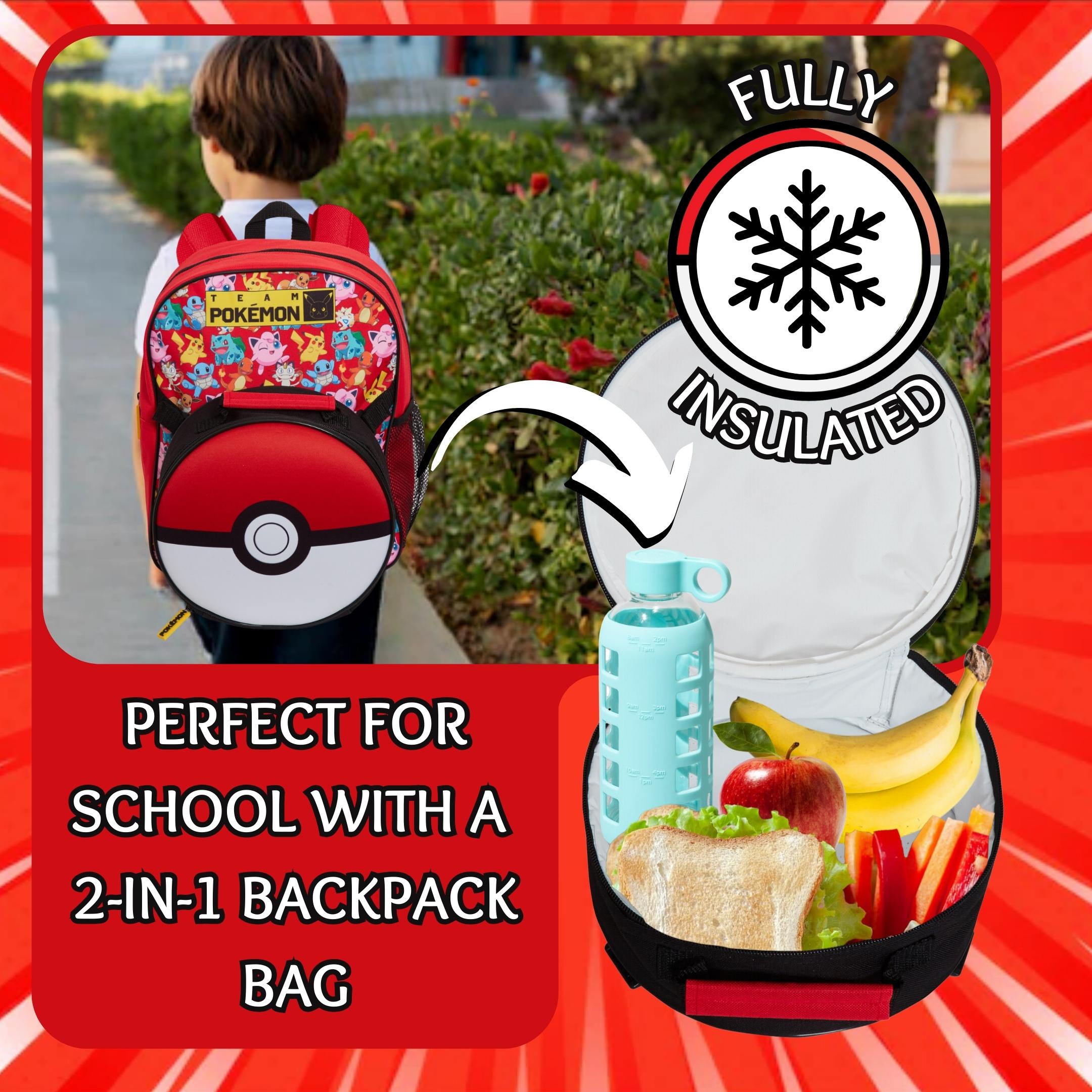 Pokemon Backpack + Detachable Lunch Bag Boys Girls Back To School Poke Ball Bag