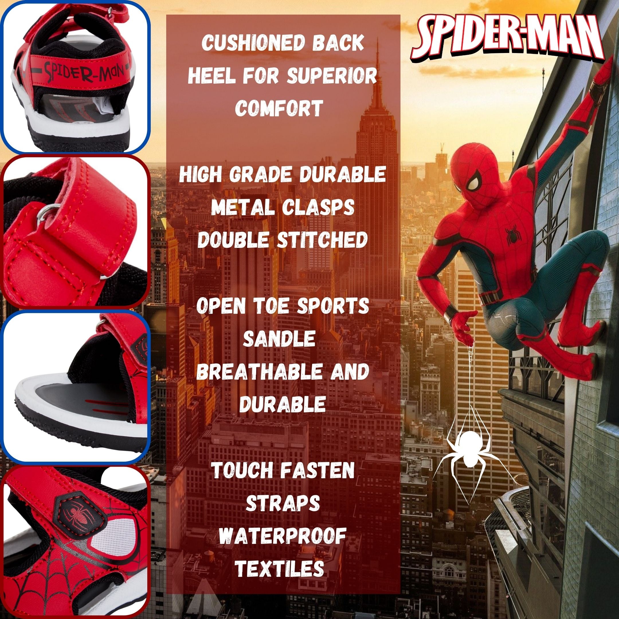 Spiderman Sports Sandals Kids Marvel Open Toe Easy Fasten Sliders Summer Shoes