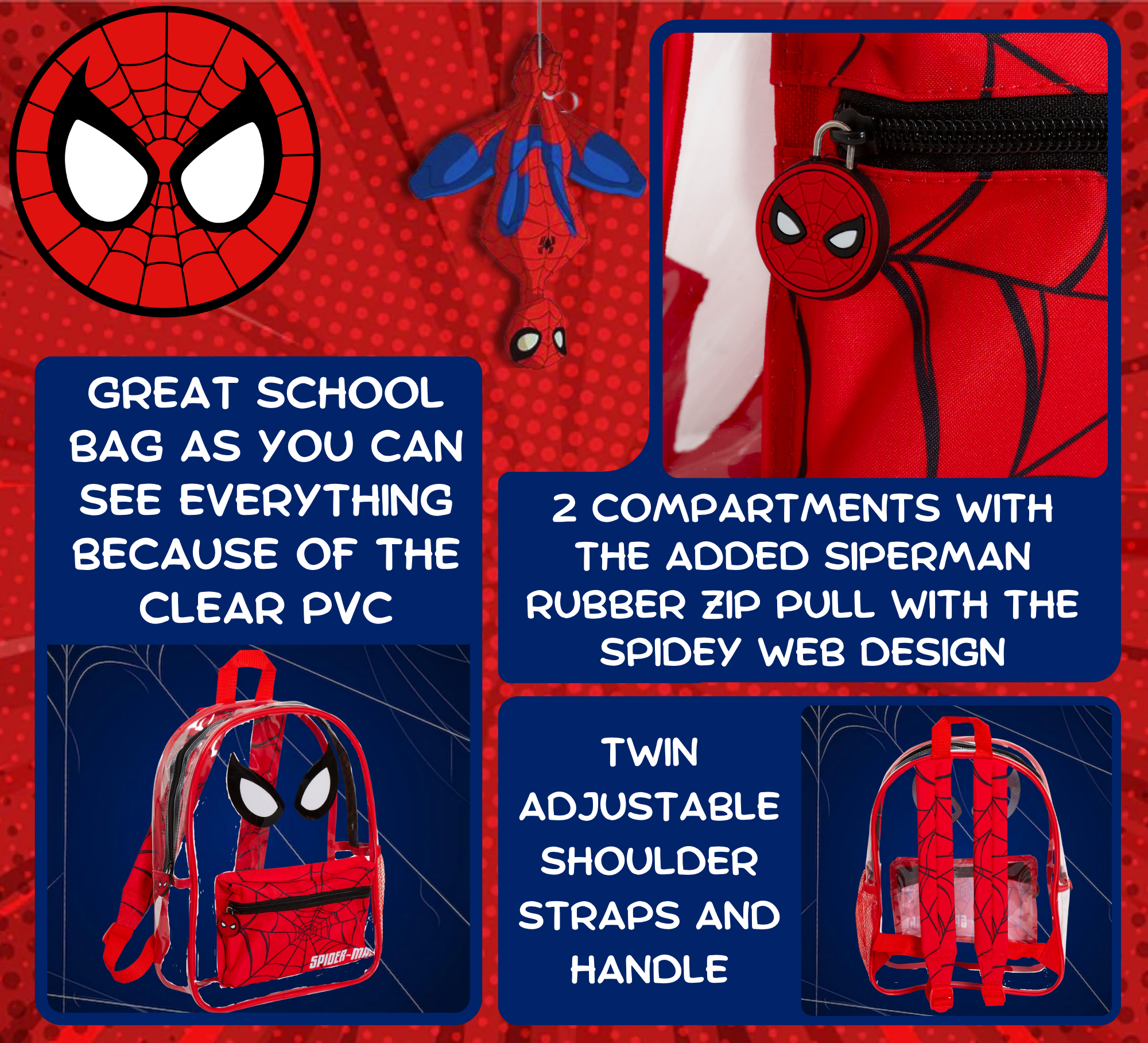 Spiderman Transparent Backpack Boys Swimming Bag Kids School Wipeable Clear Bag