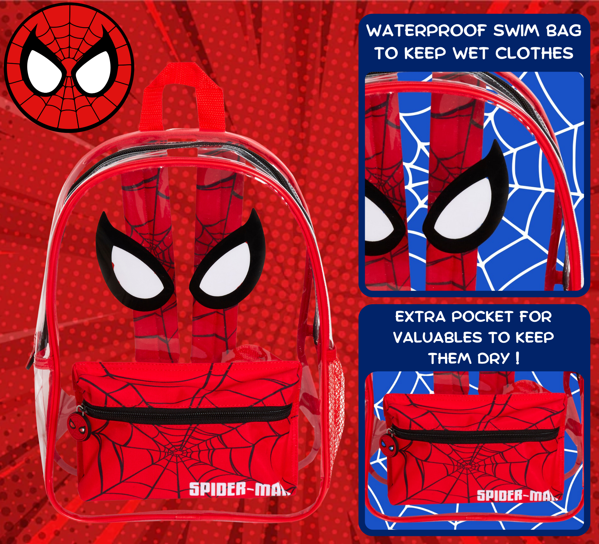 Spiderman Transparent Backpack Boys Swimming Bag Kids School Wipeable Clear Bag