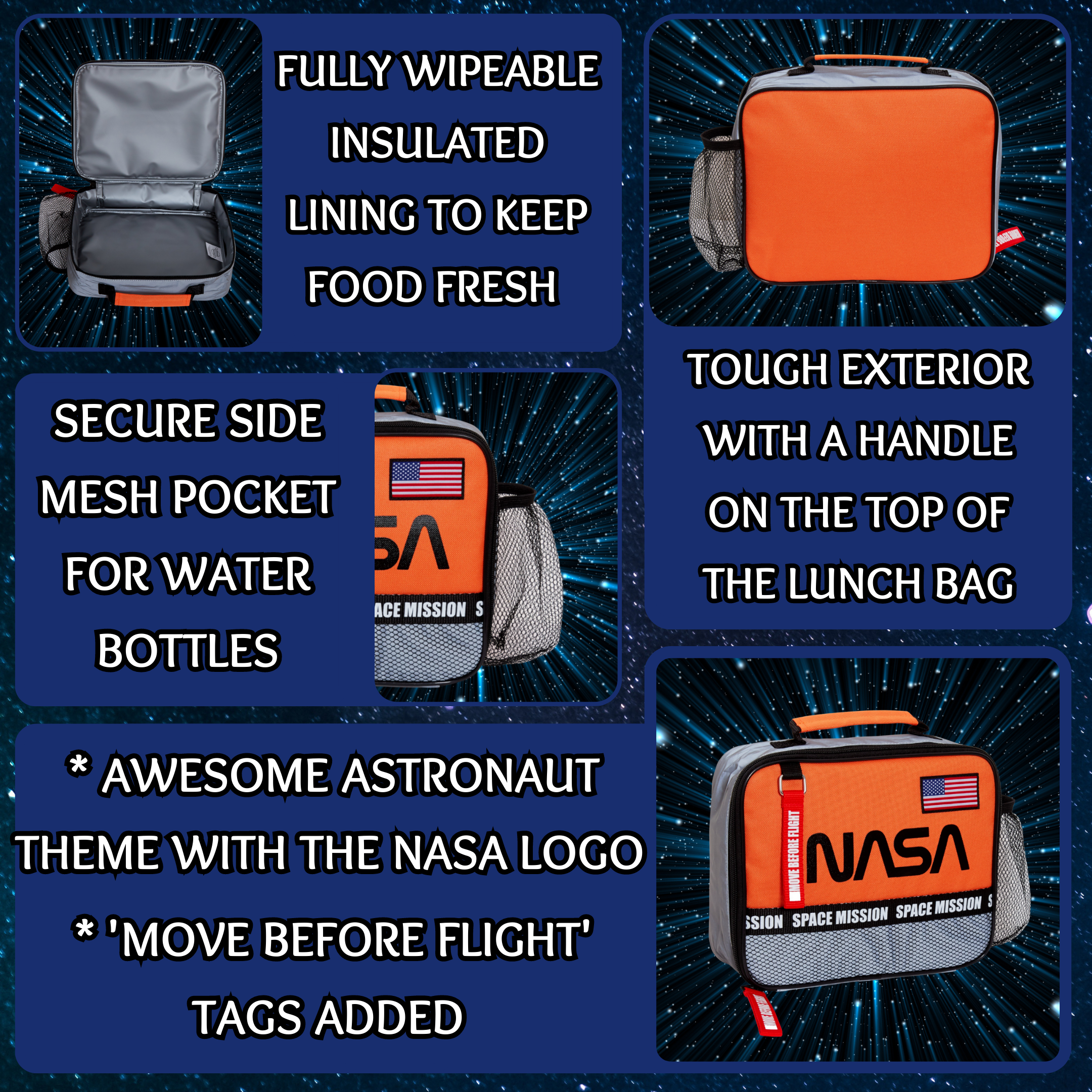 NASA Lunch Bag For Boys Space Insulated Lunch Box Astronaut School Cooler Bag