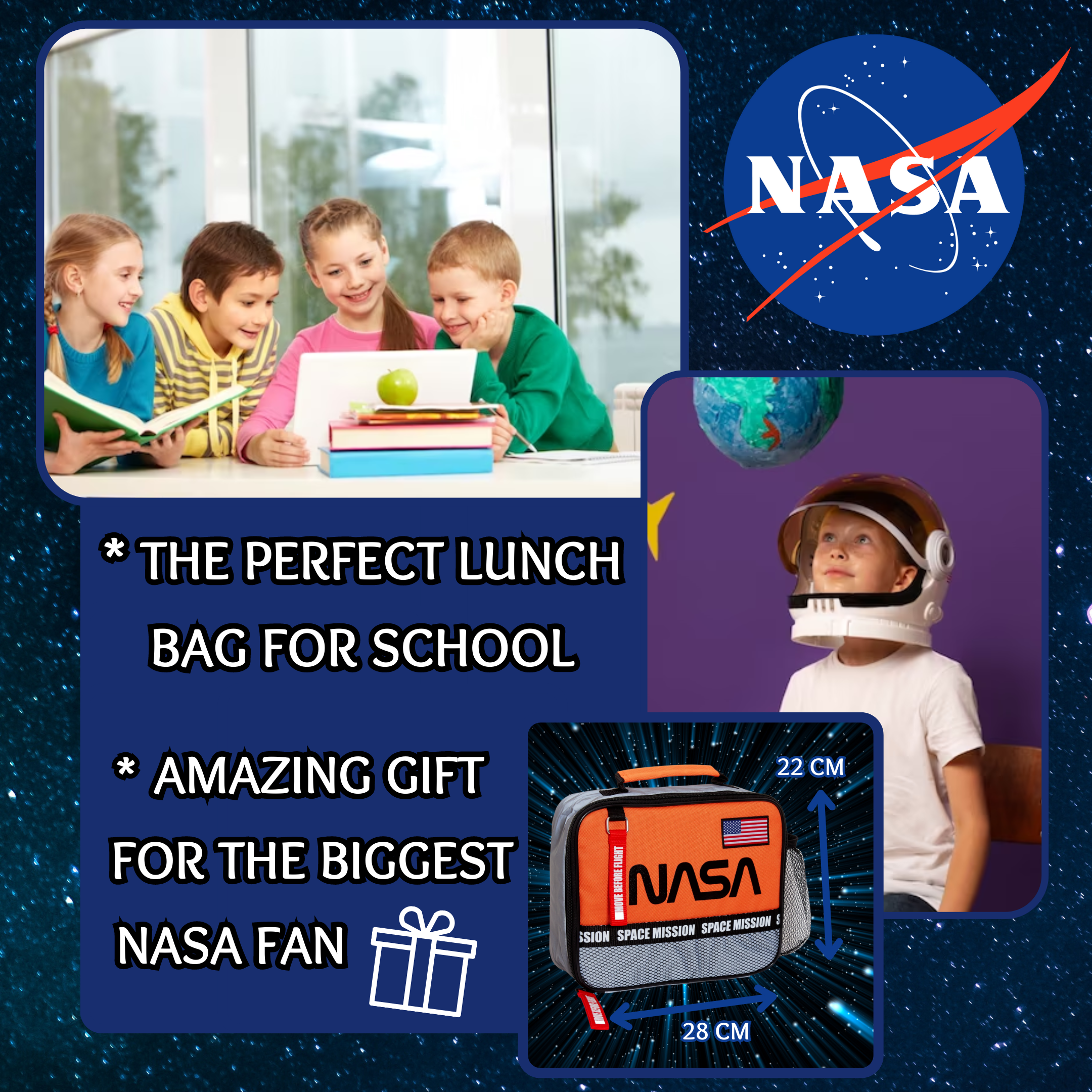 NASA Lunch Bag For Boys Space Insulated Lunch Box Astronaut School Cooler Bag