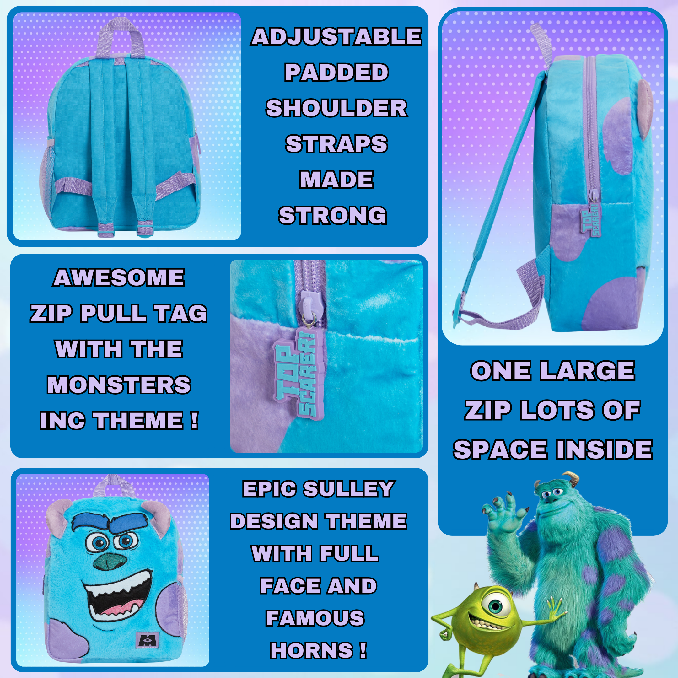 Disney Sulley Backpack Kids School Bag Monsters Inc Bag Plush Travel Bag Cushion