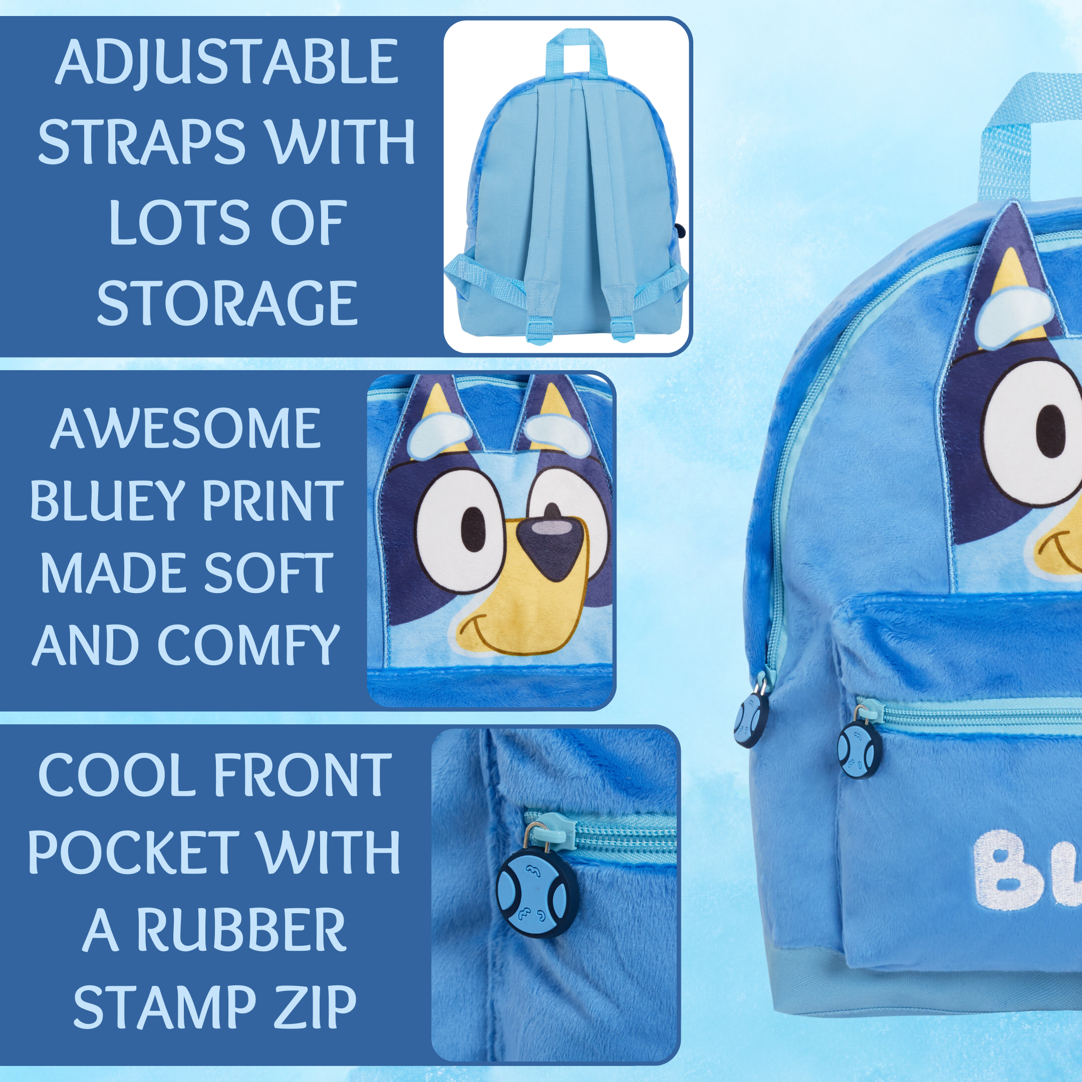 Bluey Backpack Kids School Bag Boys Girls 3D Plush Travel Cushion Lunch Book Bag