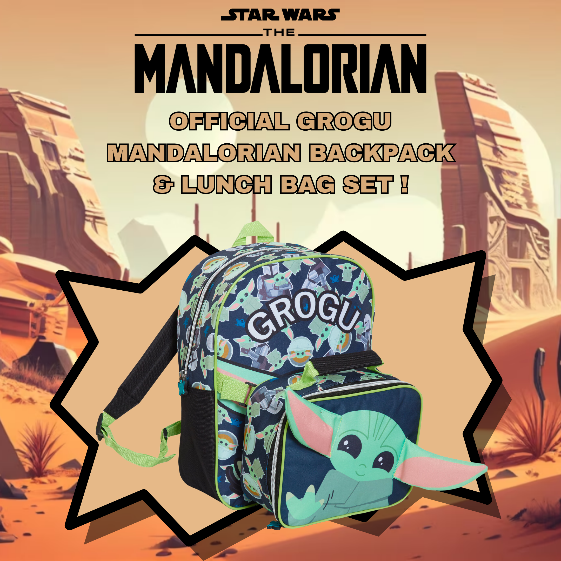 Mandalorian Backpack With Lunch Bag Boys Grogu Baby Yoda Matching School Bag Set