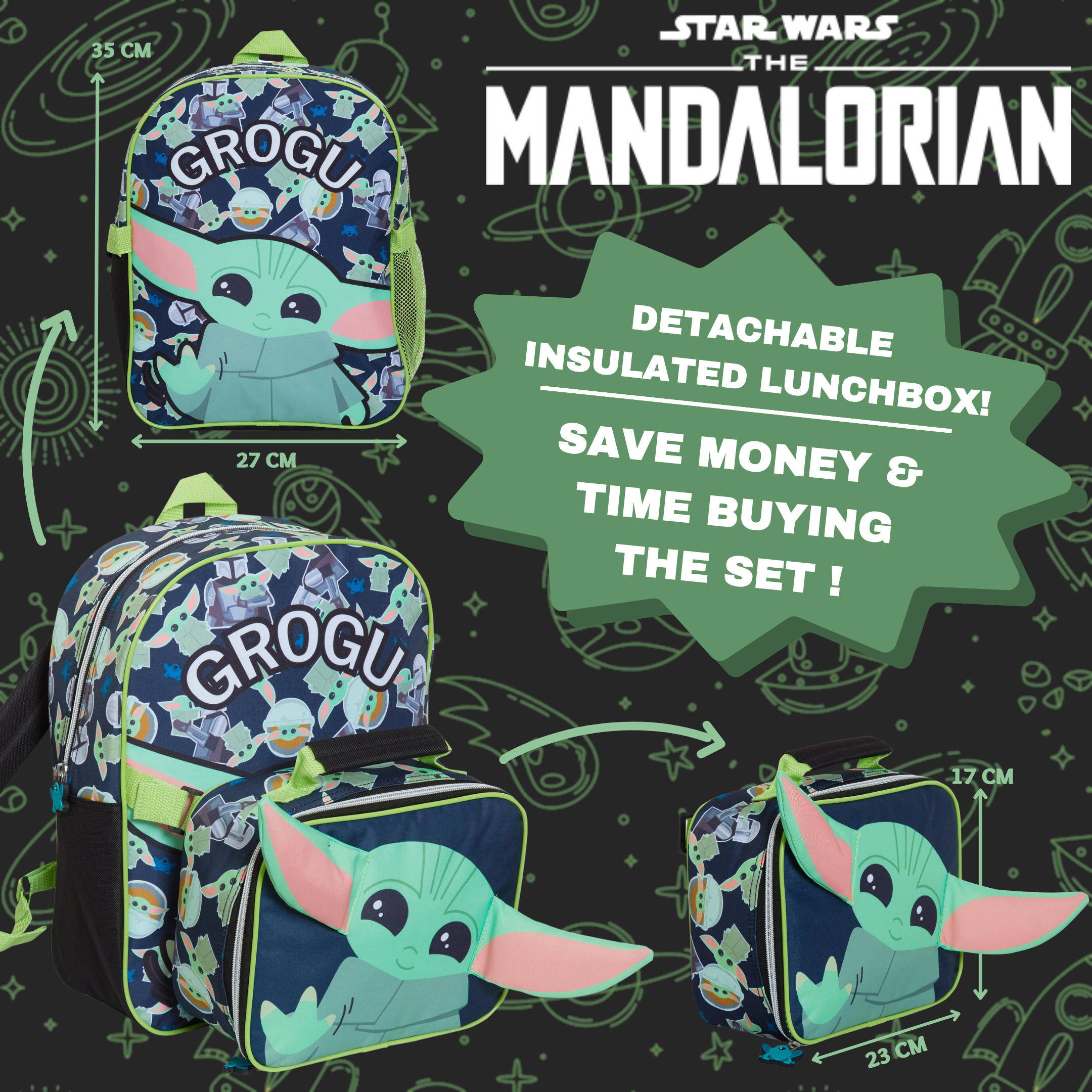 Mandalorian Backpack With Lunch Bag Boys Grogu Baby Yoda Matching School Bag Set