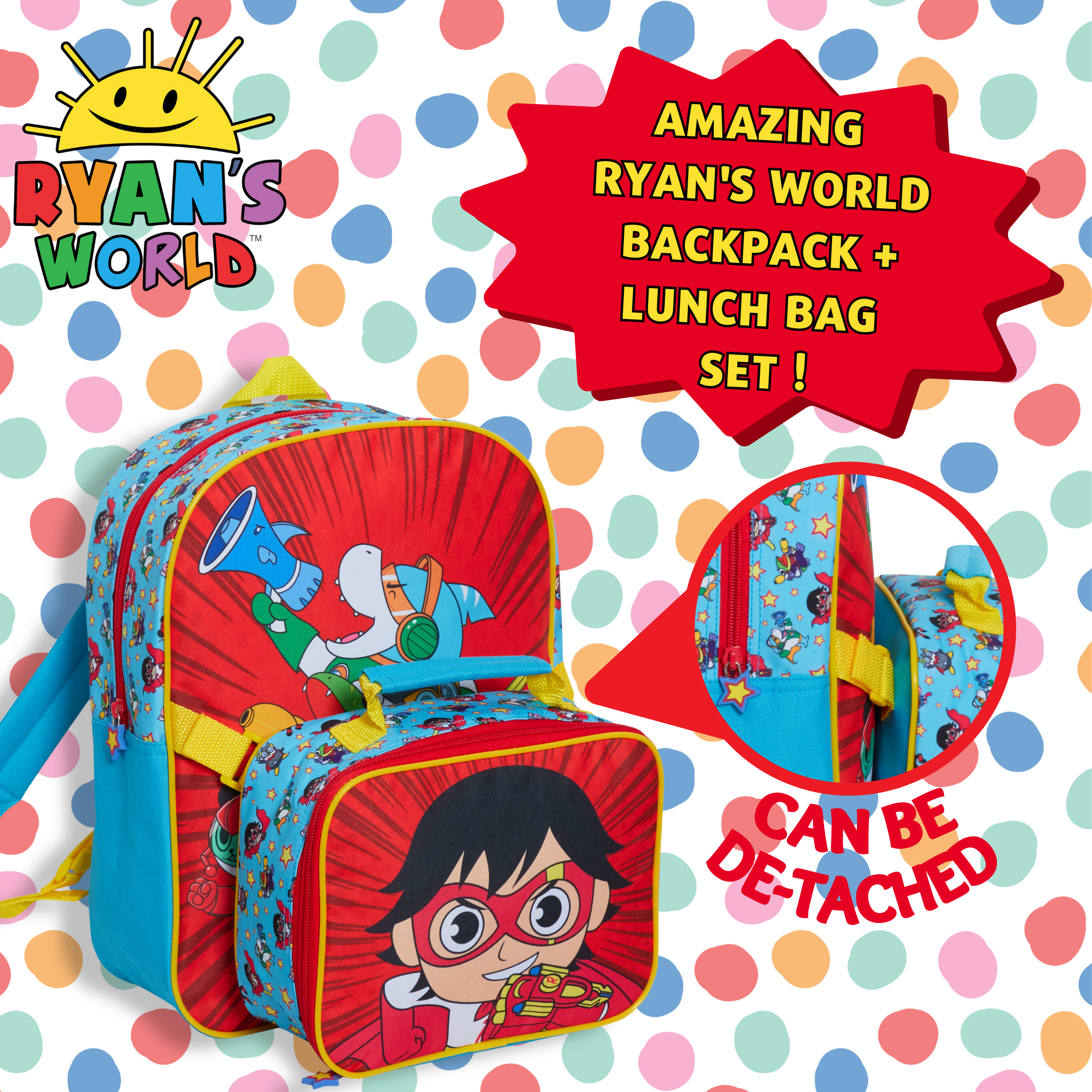 Ryans World Backpack With Lunch Bag Kids Boys School Matching Detachable Bag Set