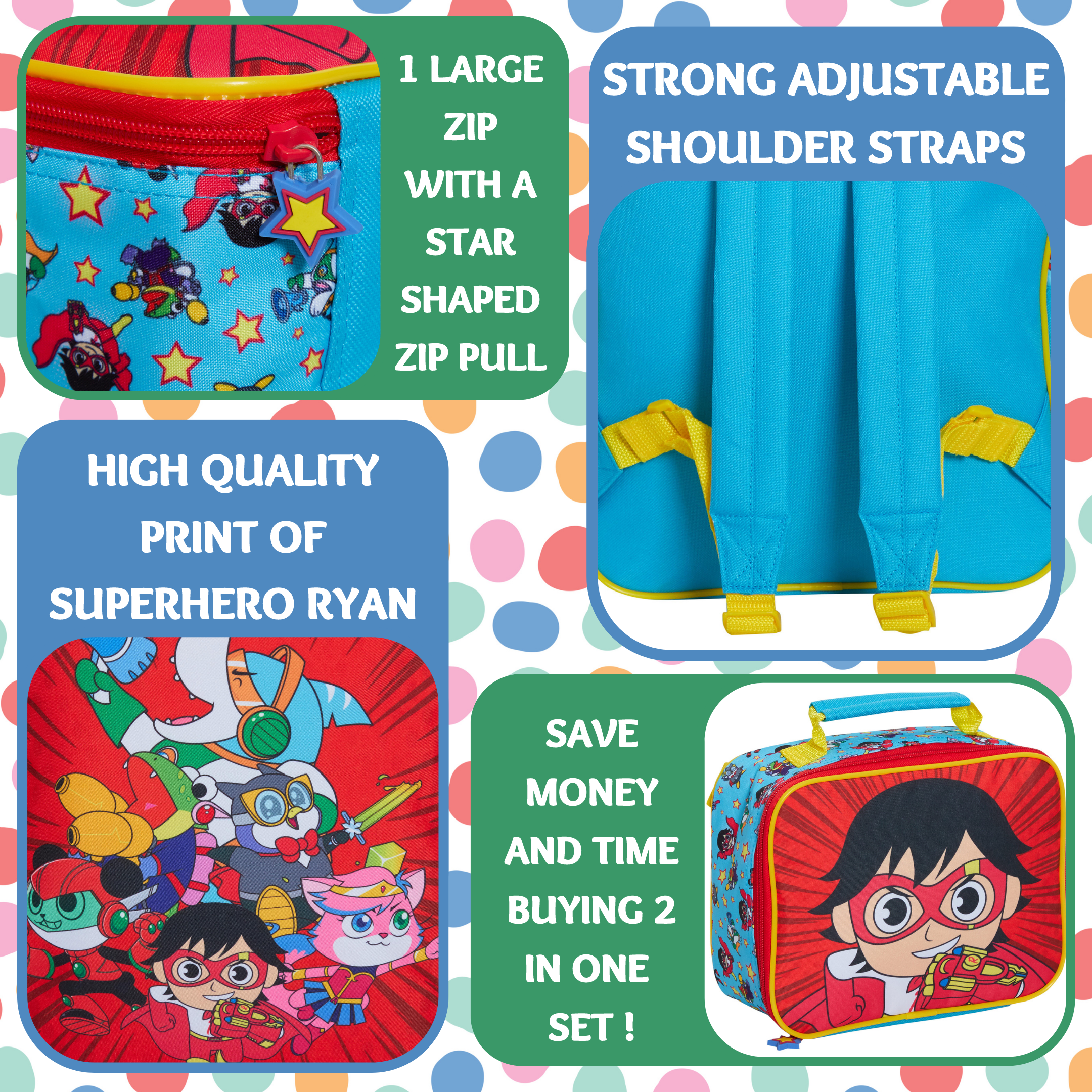 Ryans World Backpack With Lunch Bag Kids Boys School Matching Detachable Bag Set