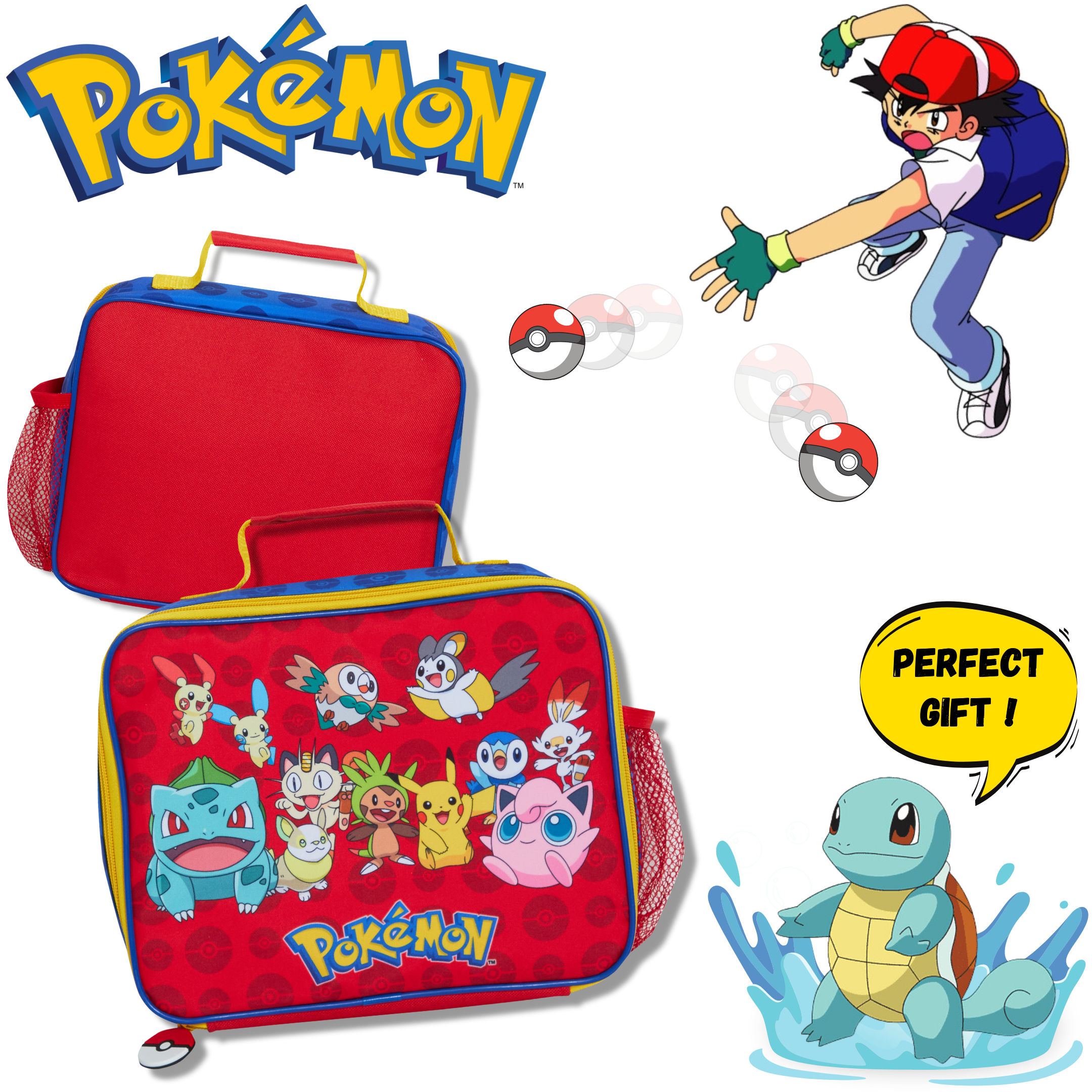 Pokemon Lunch Bag With Side Bottle Holder Kids Pikachu School Insulated Luchbox