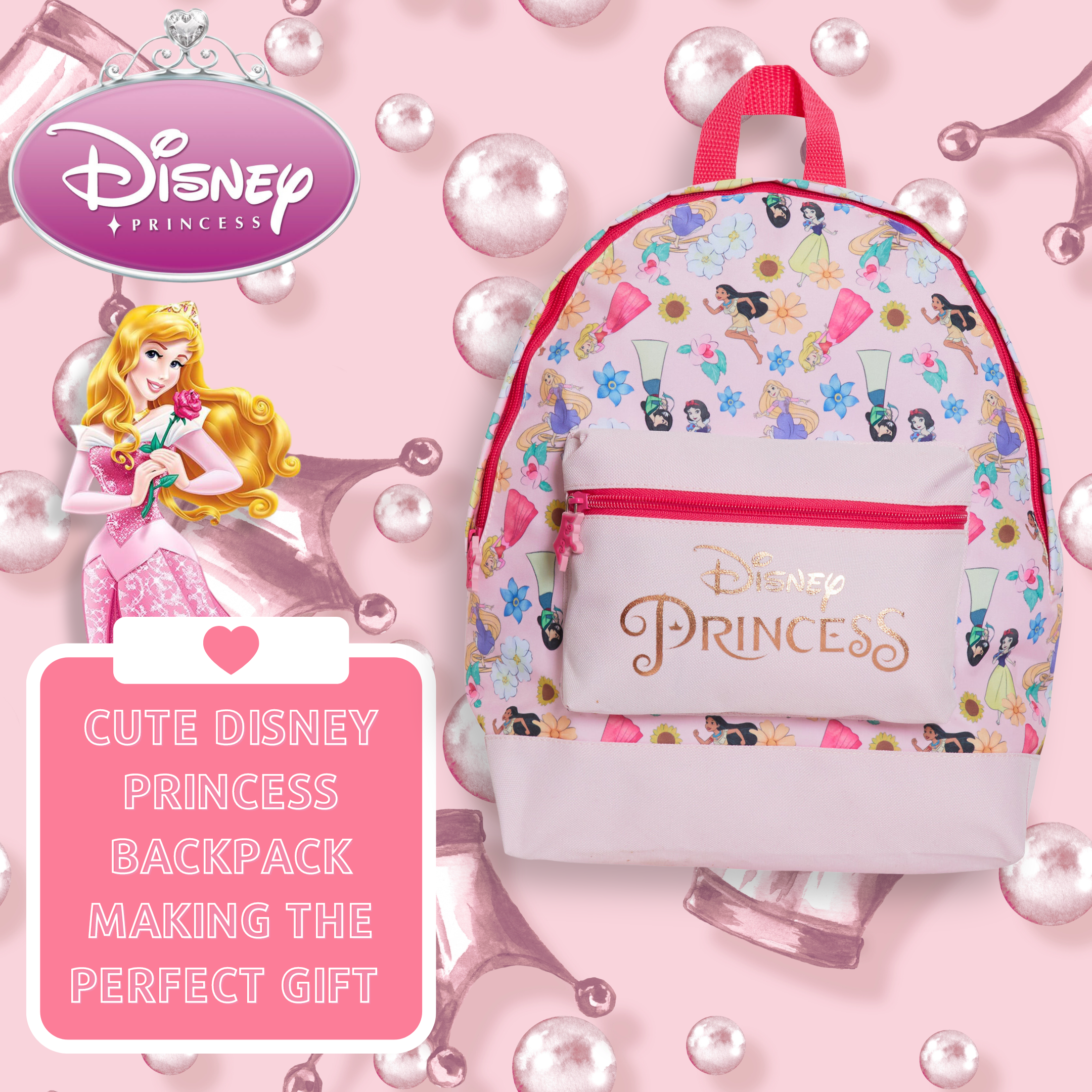 Disney Princess Backpack Girls School Bag Large Pink Rose Gold Travel Lunch Bag