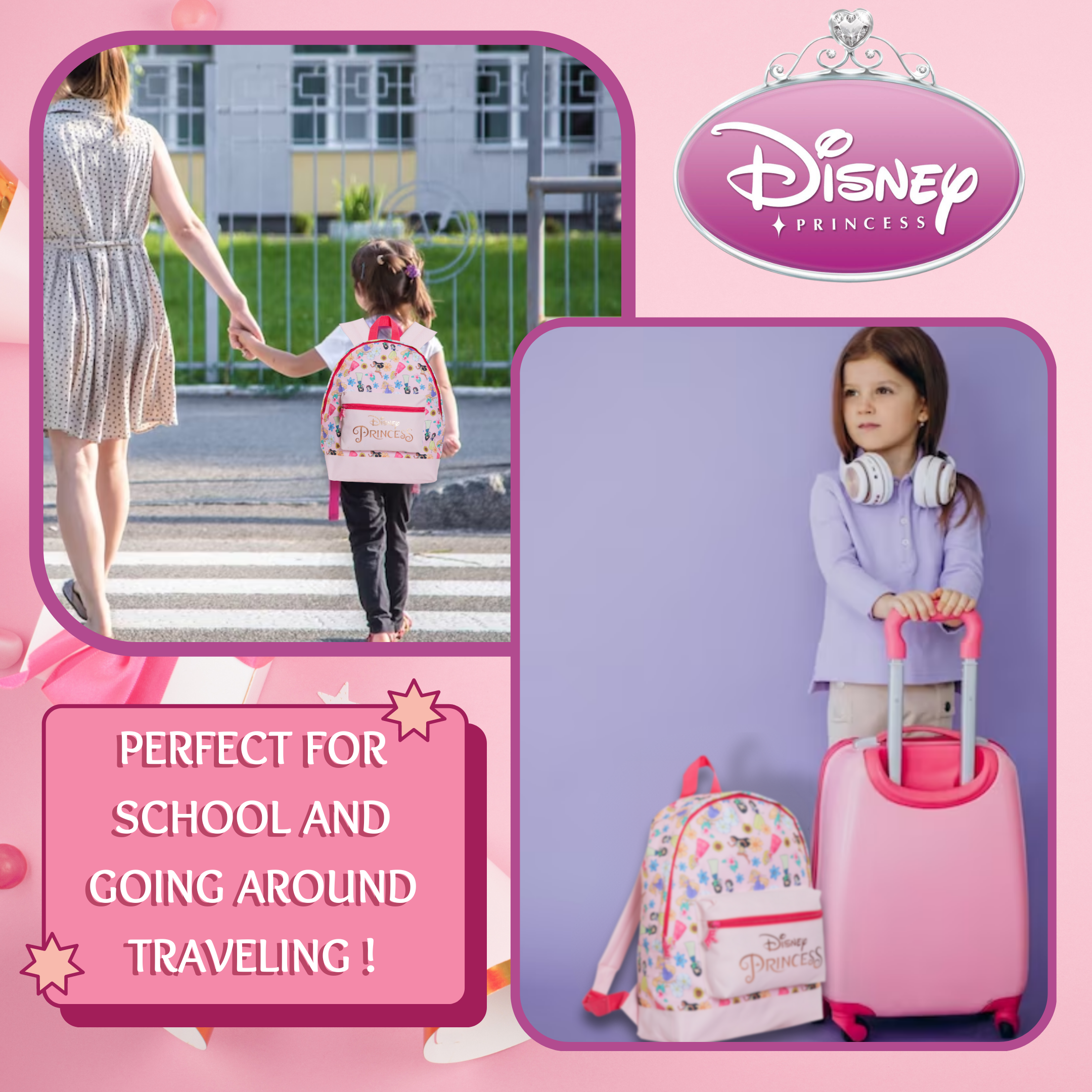 Disney Princess Backpack Girls School Bag Large Pink Rose Gold Travel Lunch Bag