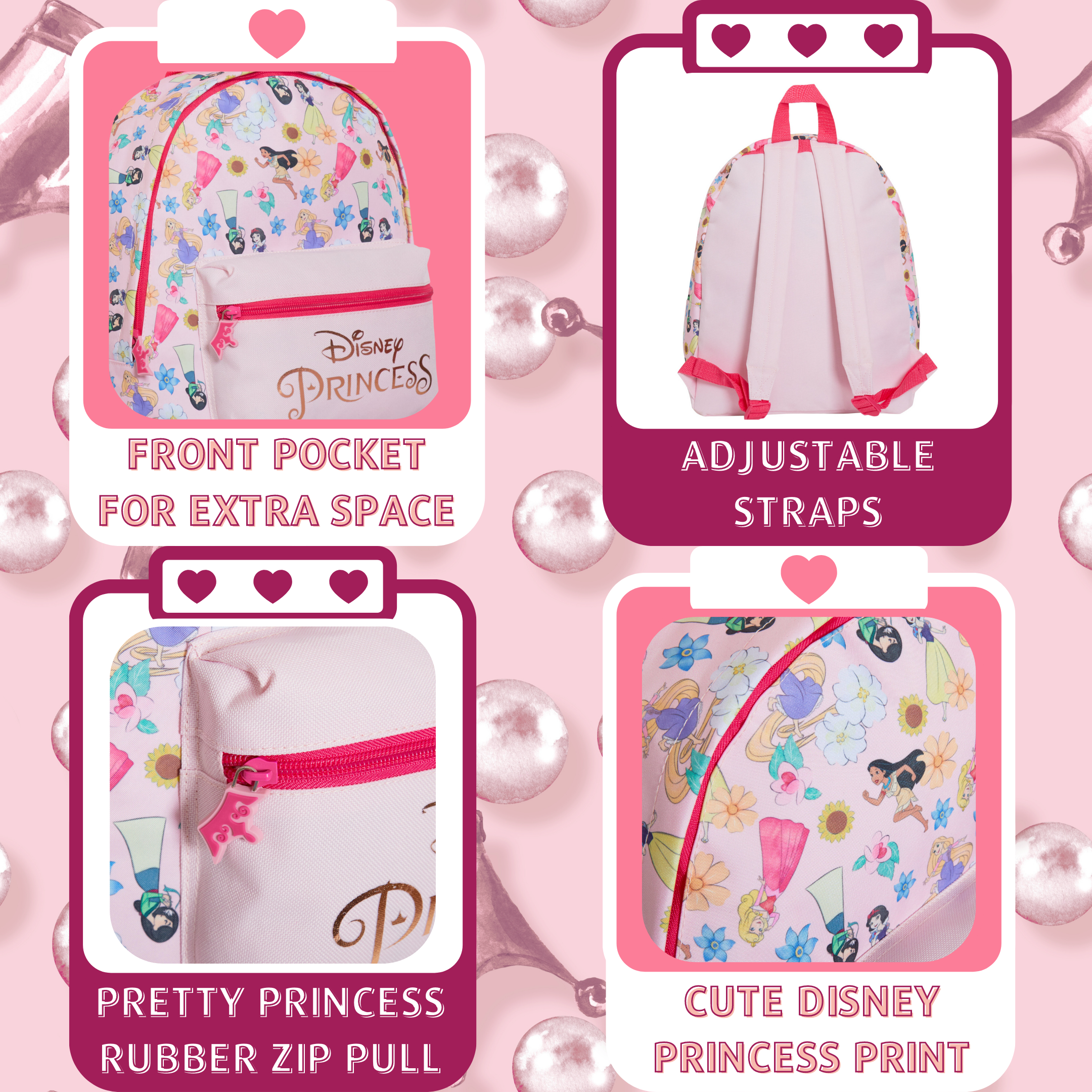 Disney Princess Backpack Girls School Bag Large Pink Rose Gold Travel Lunch Bag