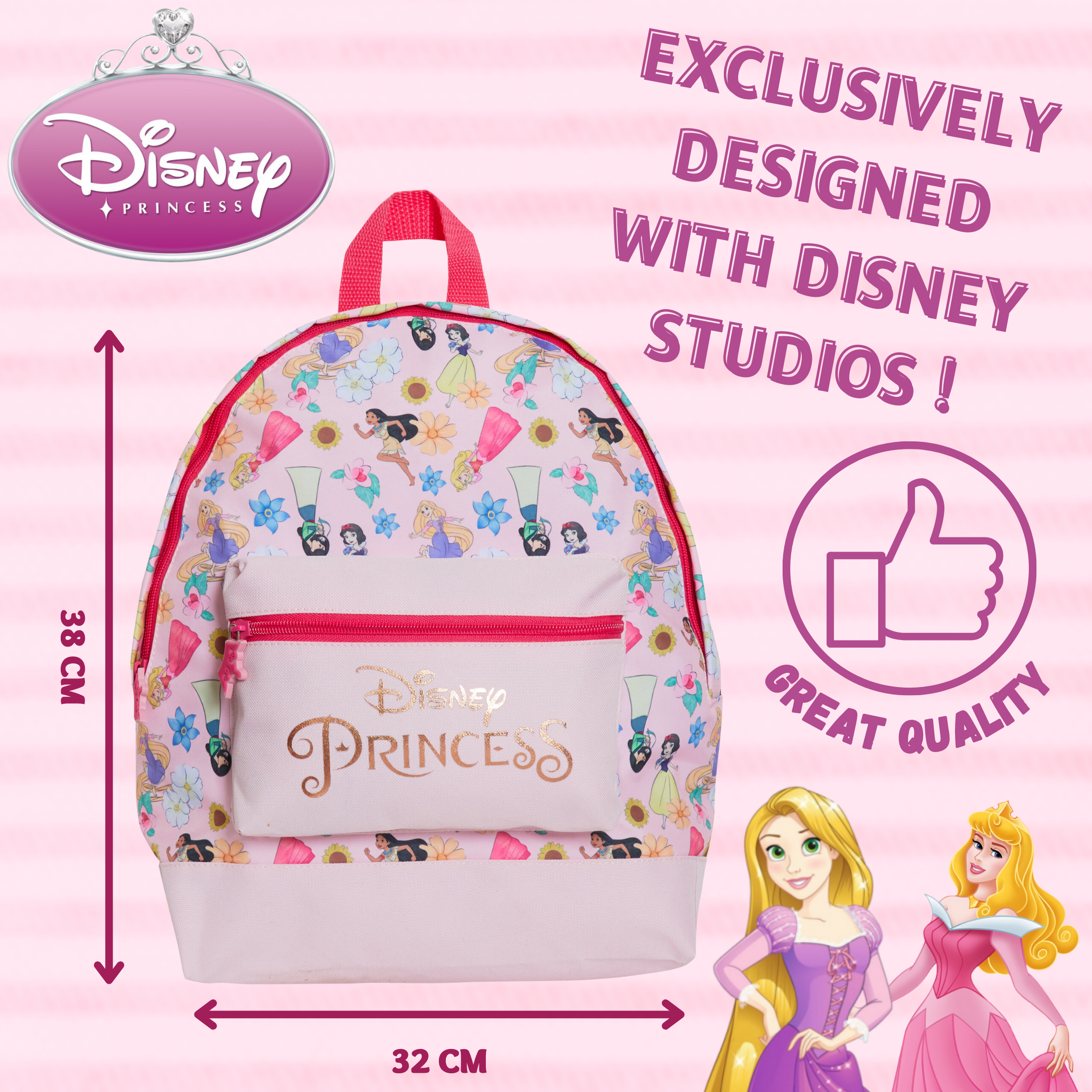 Disney Princess Backpack Girls School Bag Large Pink Rose Gold Travel Lunch Bag